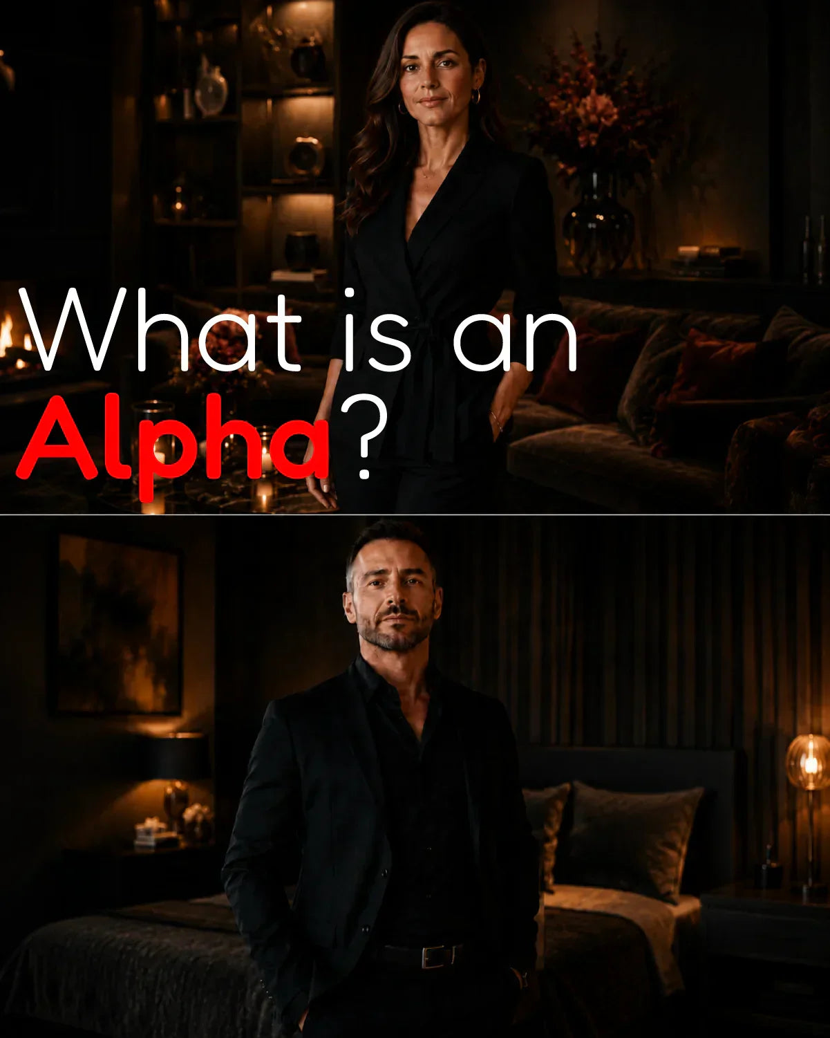 Split editorial image of an alpha woman above an alpha man, both posed confidently in warm dark interiors for a kink glossary card.
