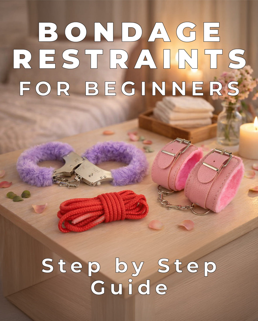 Bondage restraints for beginners displayed on a bedside table, featuring soft cuffs and rope in a calm, approachable setting for first-time exploration