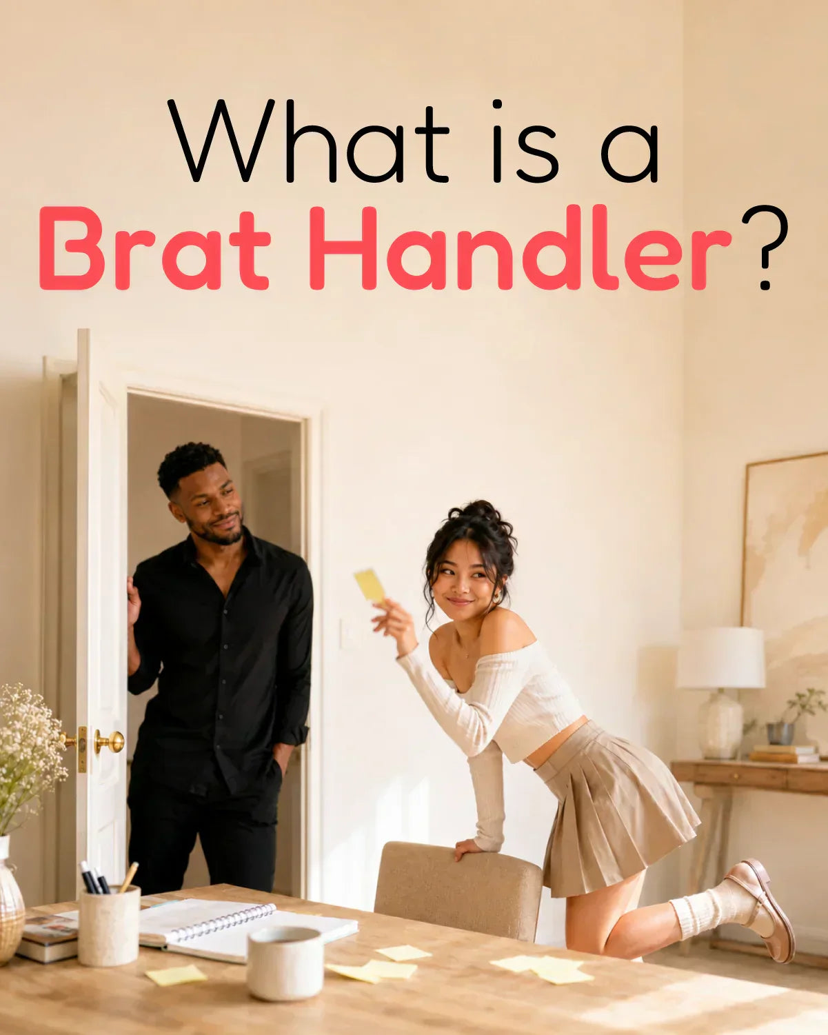 Brat Handler glossary blog card with playful brat energy and a calm dominant figure in a warm modern room