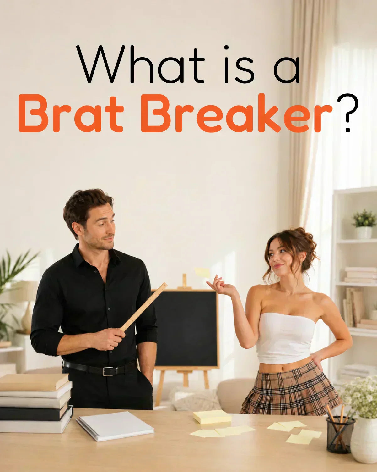 Playful teacher-style role-play scene with an adult man holding a yardstick and an adult woman acting teasingly defiant for a Brat Breaker glossary entry.