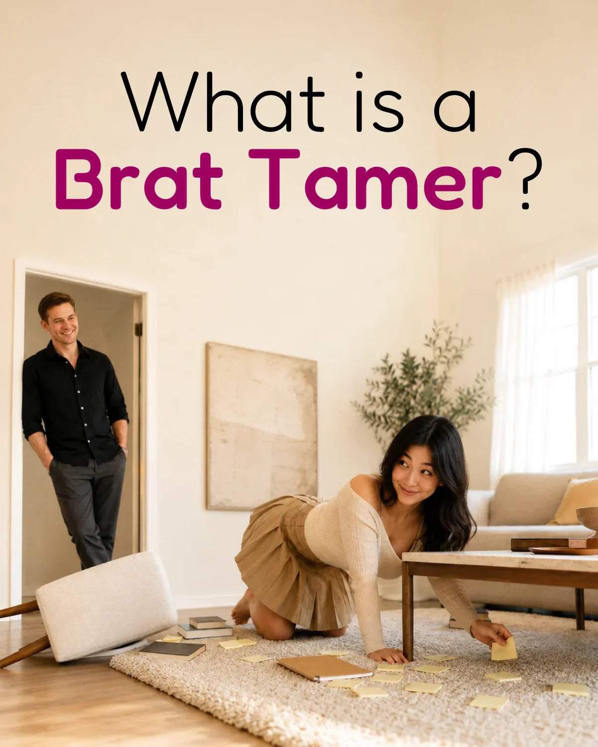 Brat Tamer glossary card showing a playful adult woman acting mischievous while a calm man watches from a doorway in a bright airy room.