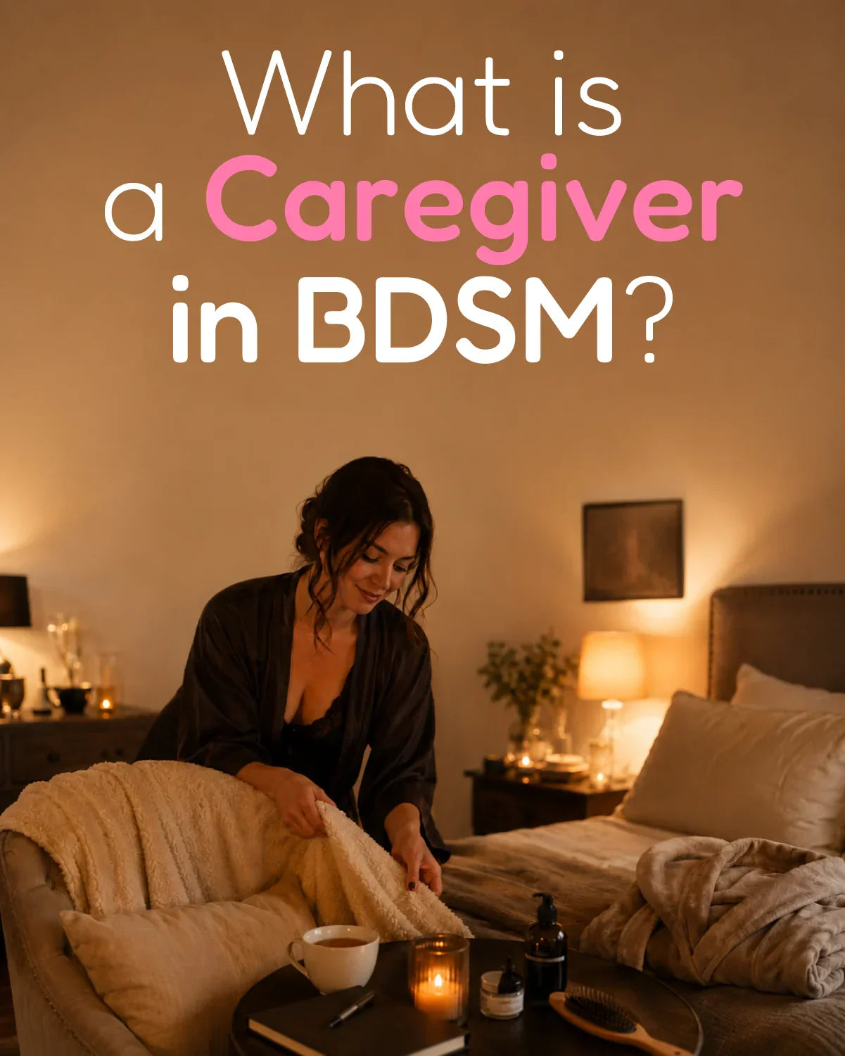 What is a Caregiver in BDSM blog card with a warm bedroom aftercare setup, soft blanket, tea, candlelight, and comforting adult care.