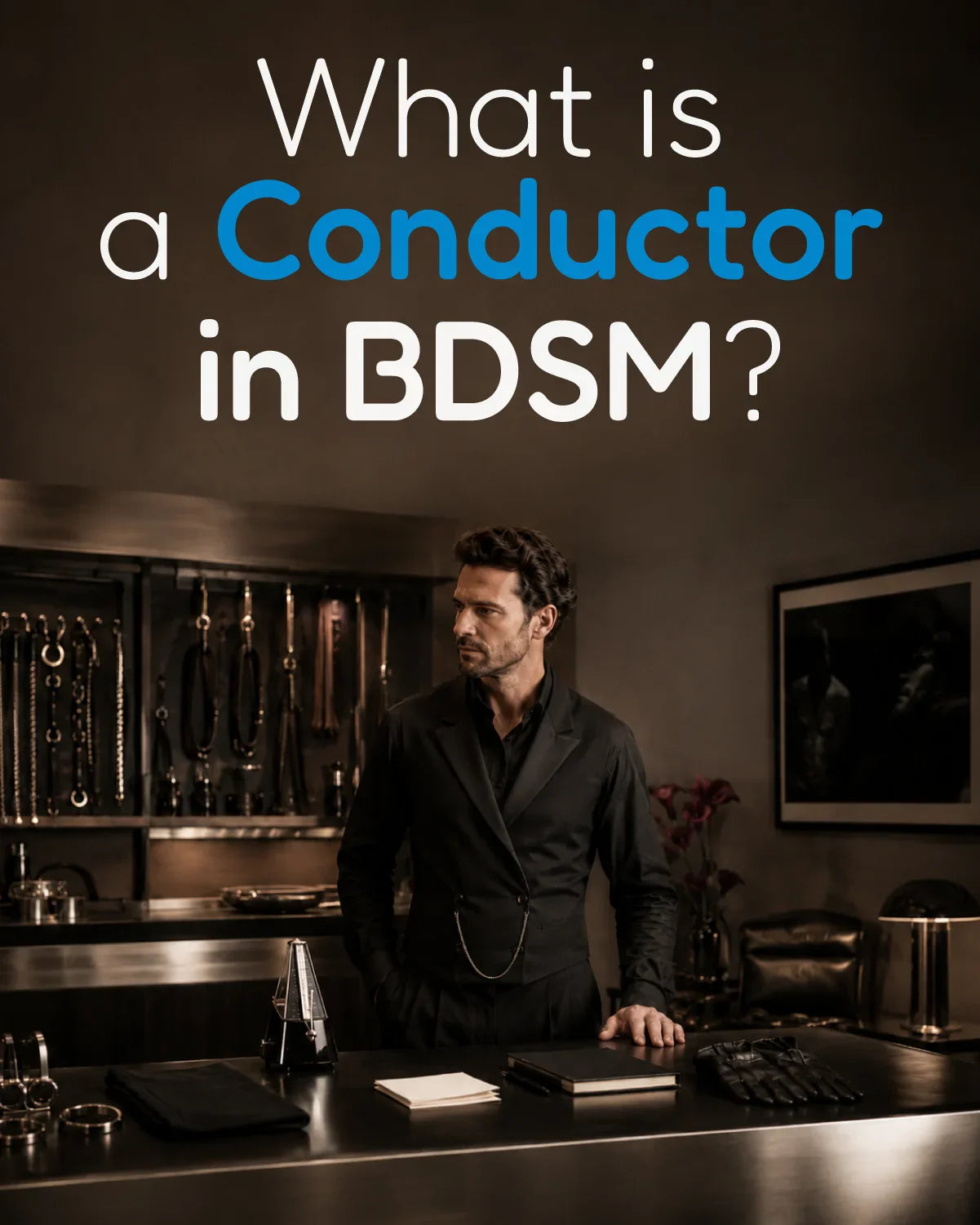 What is a Conductor in BDSM glossary image showing an adult Dominant-style figure in an upscale dungeon-inspired room with symbolic props for pacing, control, and consent.