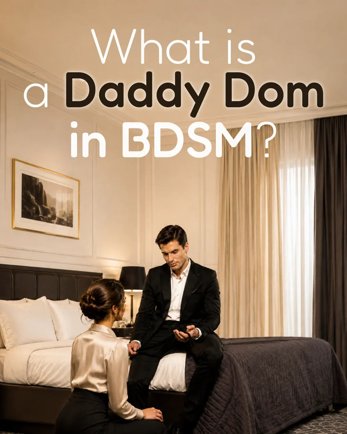 What is a Daddy Dom in BDSM glossary image showing an adult protective Dominant seated on a bed with an adult partner in a consensual power exchange dynamic.