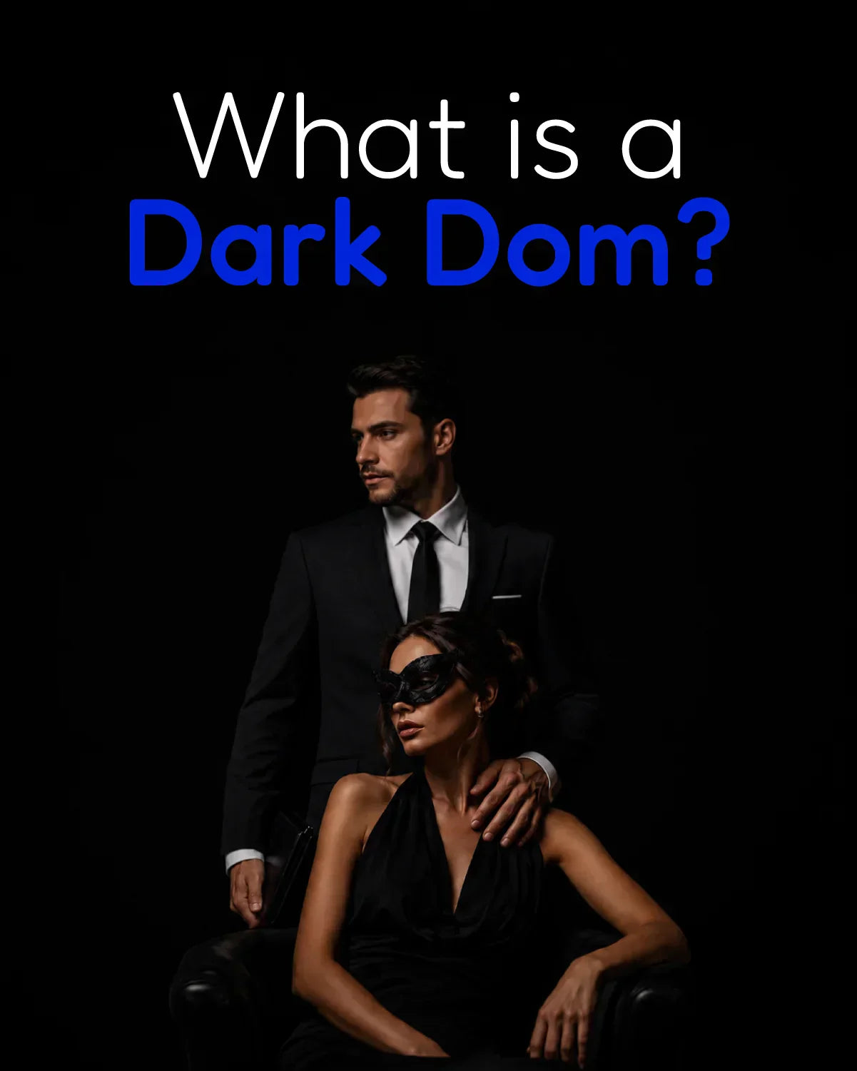 What is a Dark Dom in BDSM glossary image showing an adult Dominant figure and masked adult partner in a dark, consensual power exchange atmosphere.
