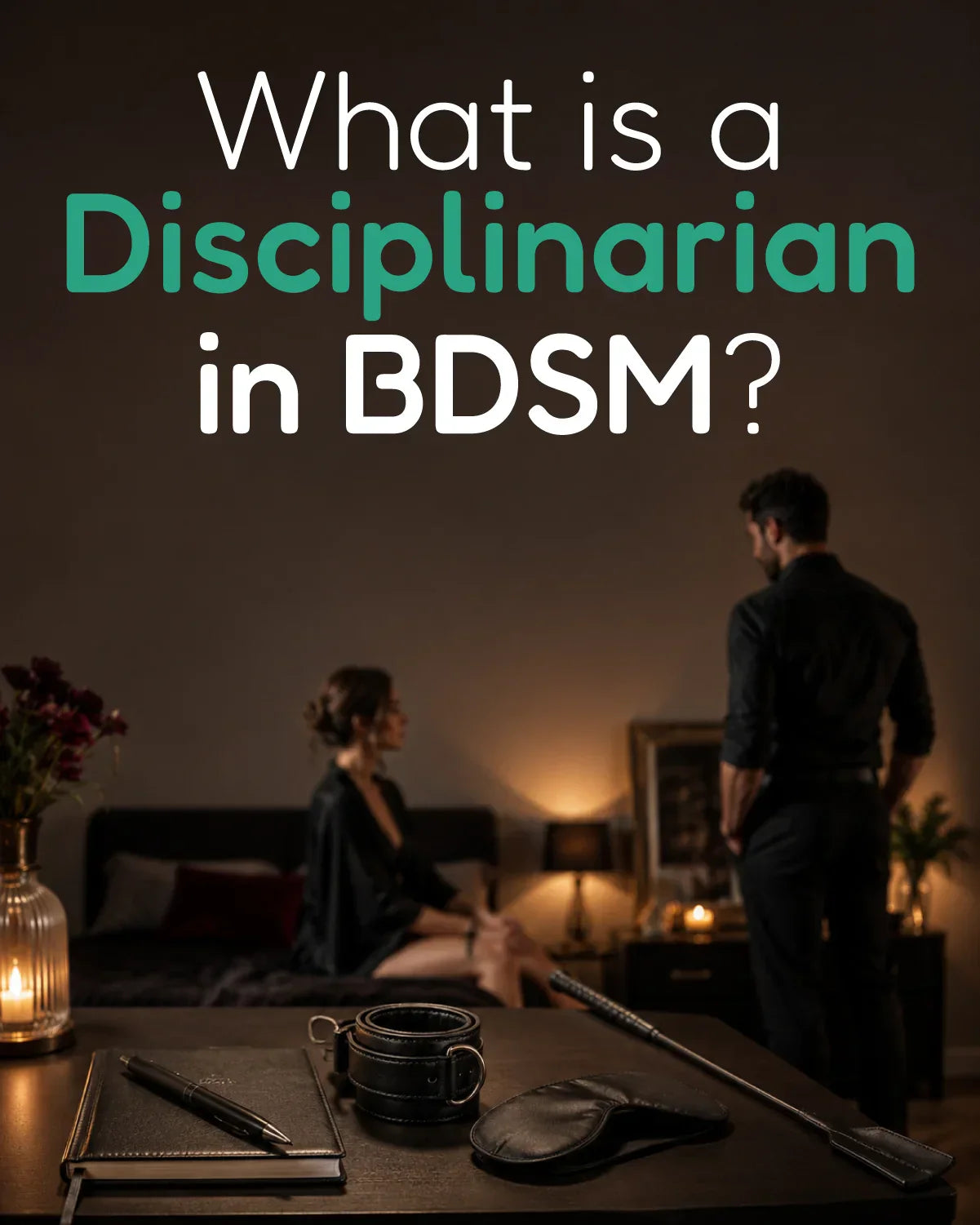 What is a Disciplinarian in BDSM glossary image showing a structured adult power exchange scene with rules, consent, and symbolic discipline tools.