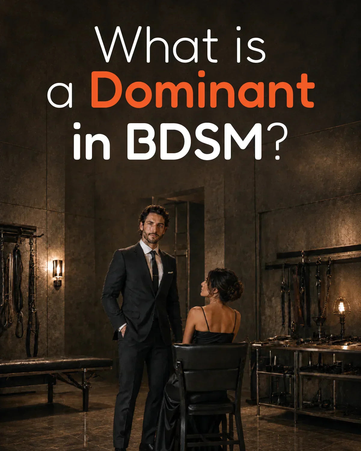 What is a Dominant in BDSM glossary image showing an adult Dominant in a refined dungeon-style setting with a seated adult partner and consensual power exchange atmosphere.