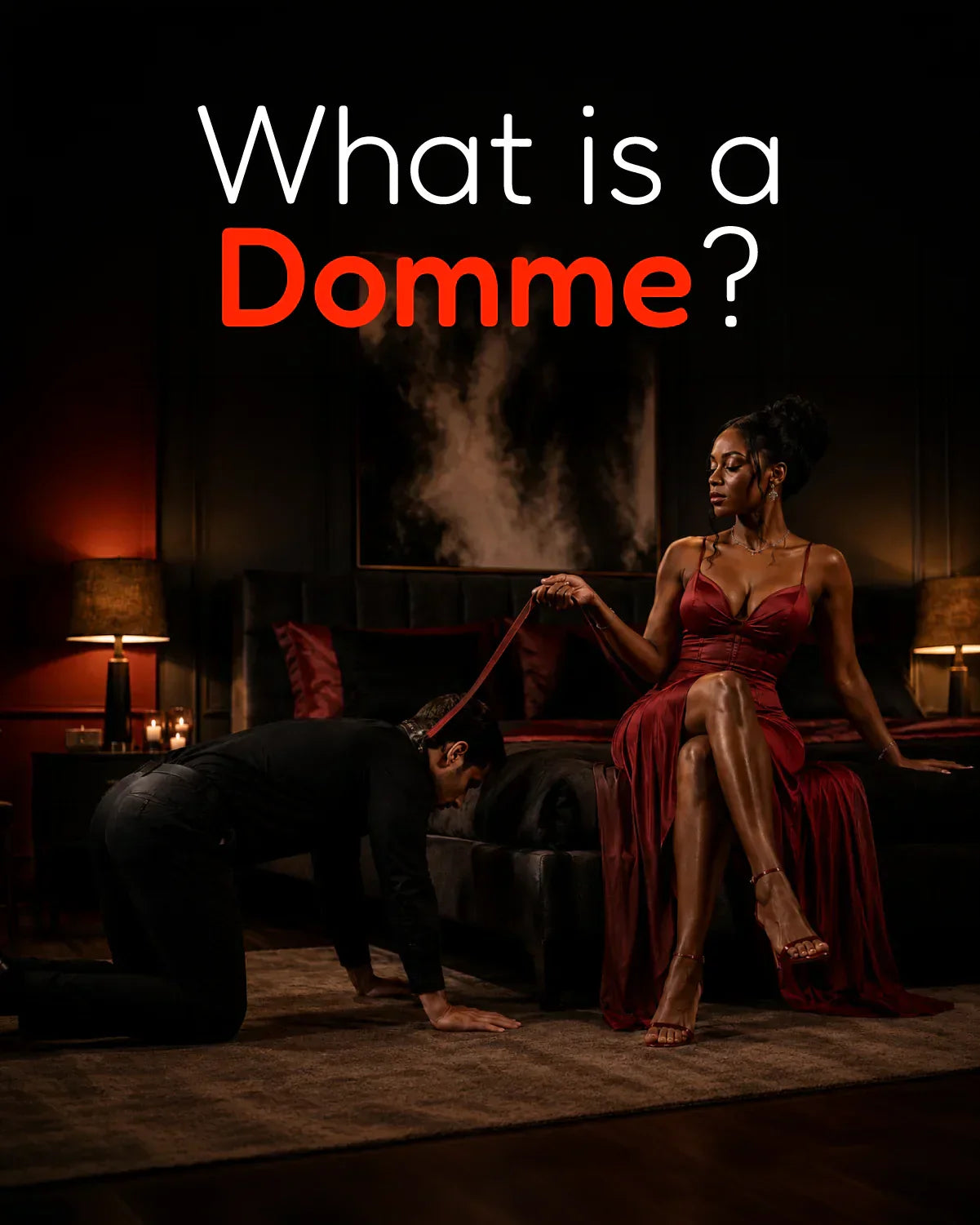 Alt text: What is a Domme in BDSM glossary image showing an adult female Dominant guiding a consensual power exchange scene with an adult submissive partner.