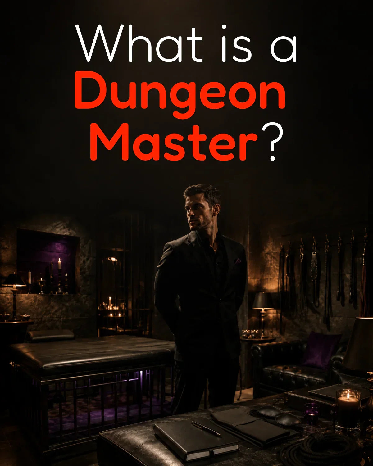 What is a Dungeon Master in BDSM glossary image showing an adult dominant figure in a dungeon-style room with tools for scene structure, control, and atmosphere.
