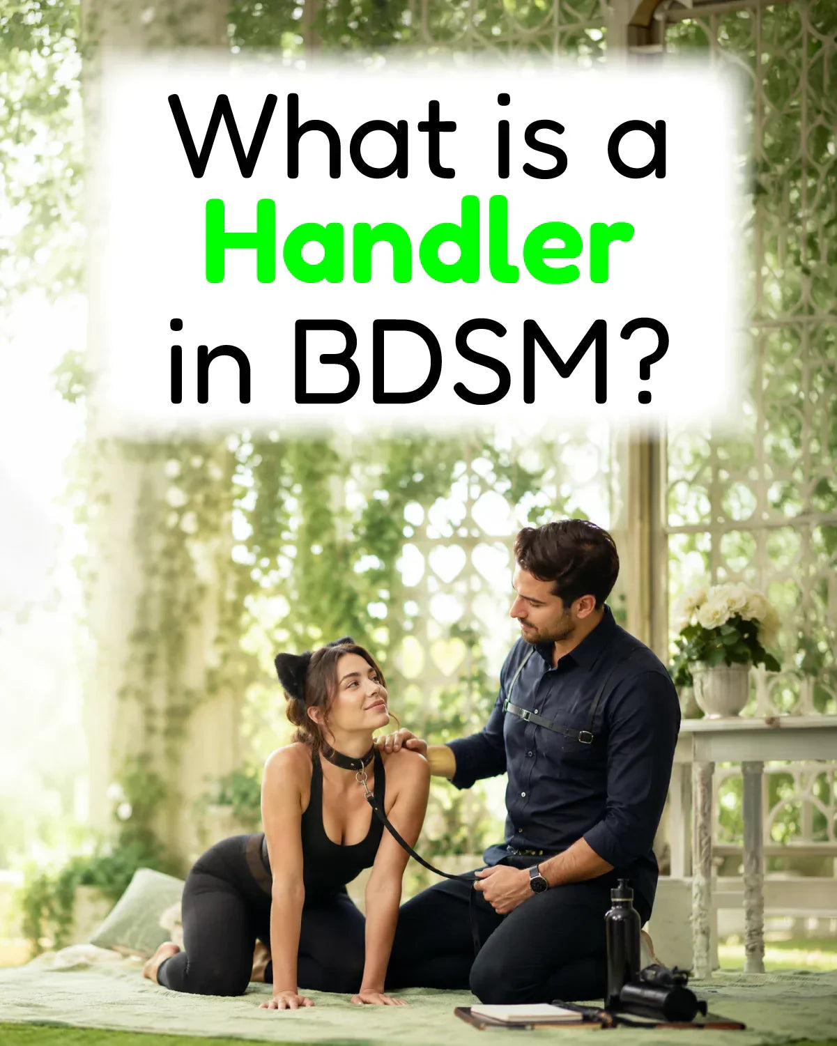 What is a Handler in BDSM glossary image showing an adult handler guiding a consensual pet play scene with an adult partner using a collar and leash.