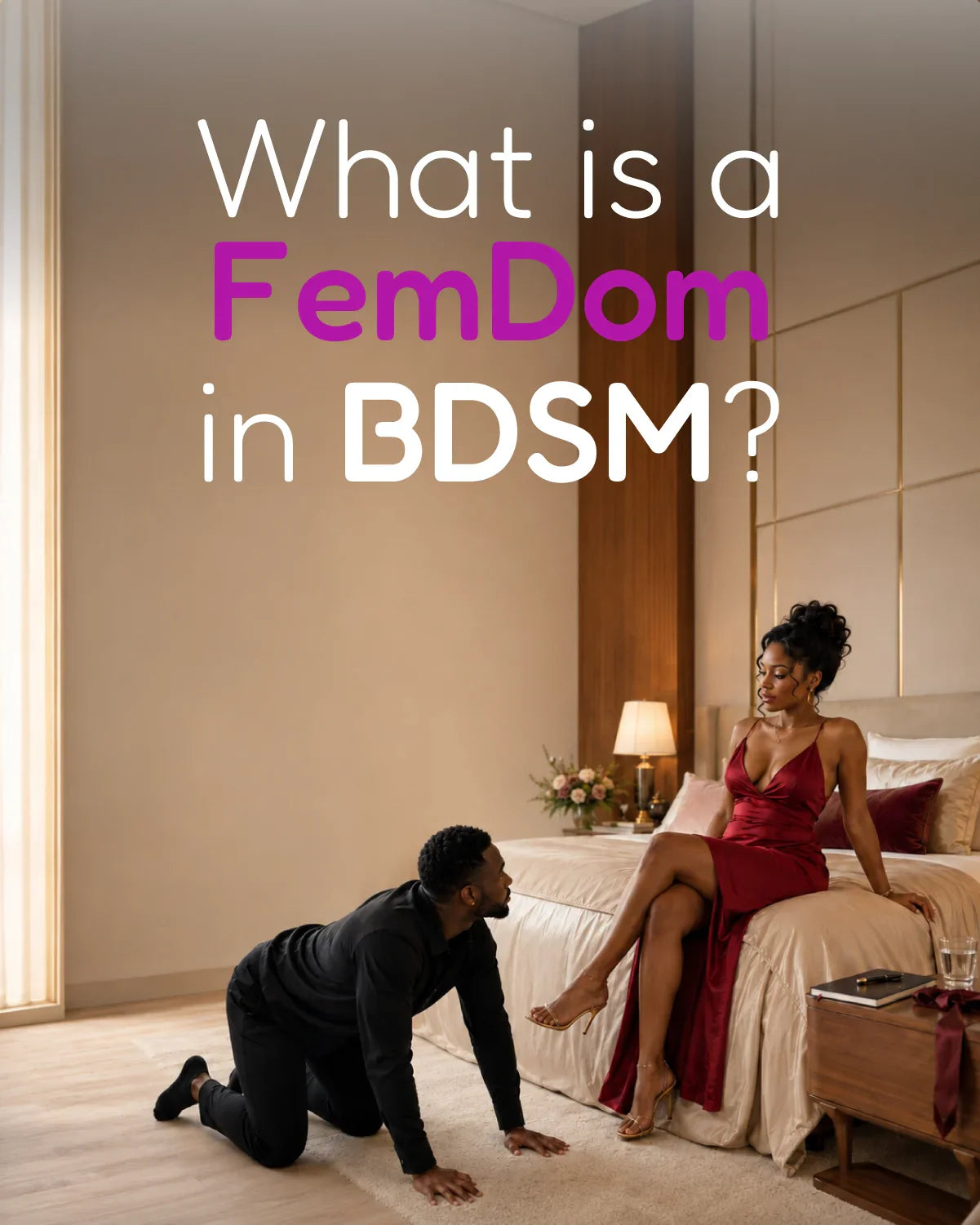 What is FemDom in BDSM glossary image showing an adult female Dominant in a red dress leading a consensual power exchange scene with an adult partner.