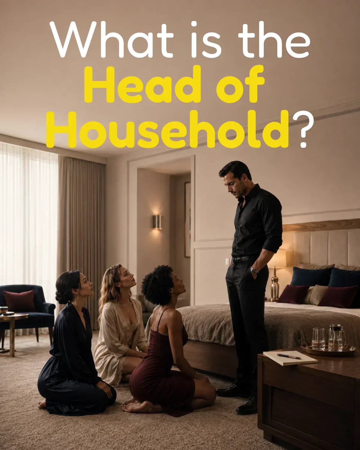 What is the Head of Household in BDSM glossary image showing an adult leader guiding a consensual relationship structure with adult partners in a calm bedroom scene.