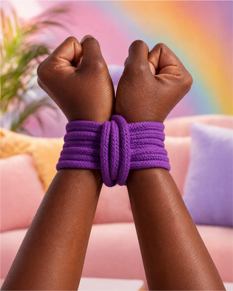 hands tied with soft purple rope for bondage and tie play designed for comfort and control