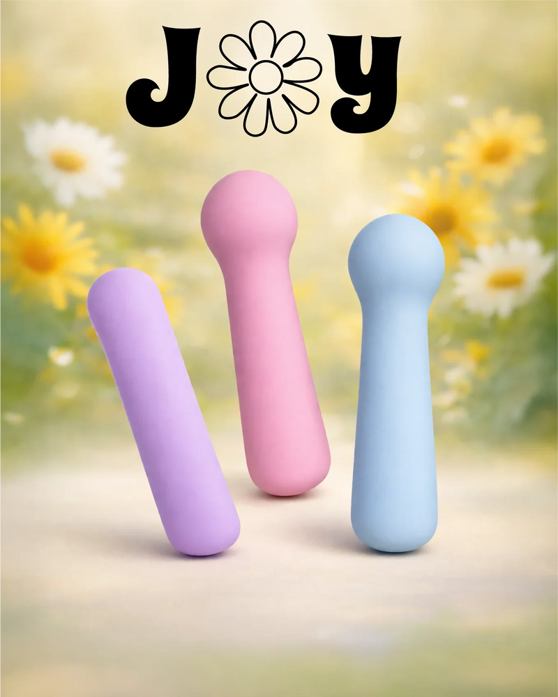  Joy mini clitoral vibrators in pastel colors including compact bullet and wand designs made from smooth silicone