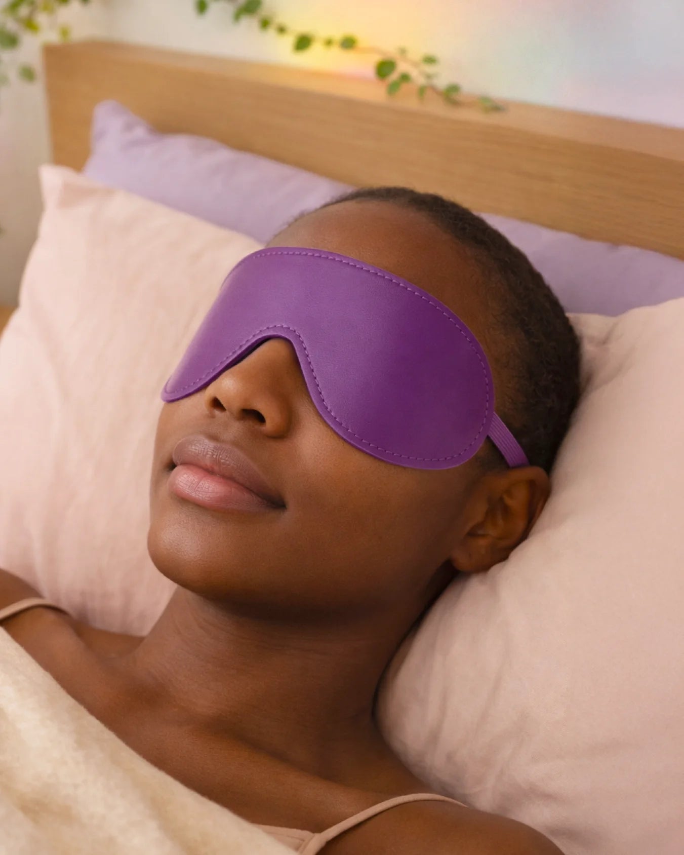 woman wearing Empower Play™ purple BDSM blindfold for sensory play — soft padded beginner-friendly design