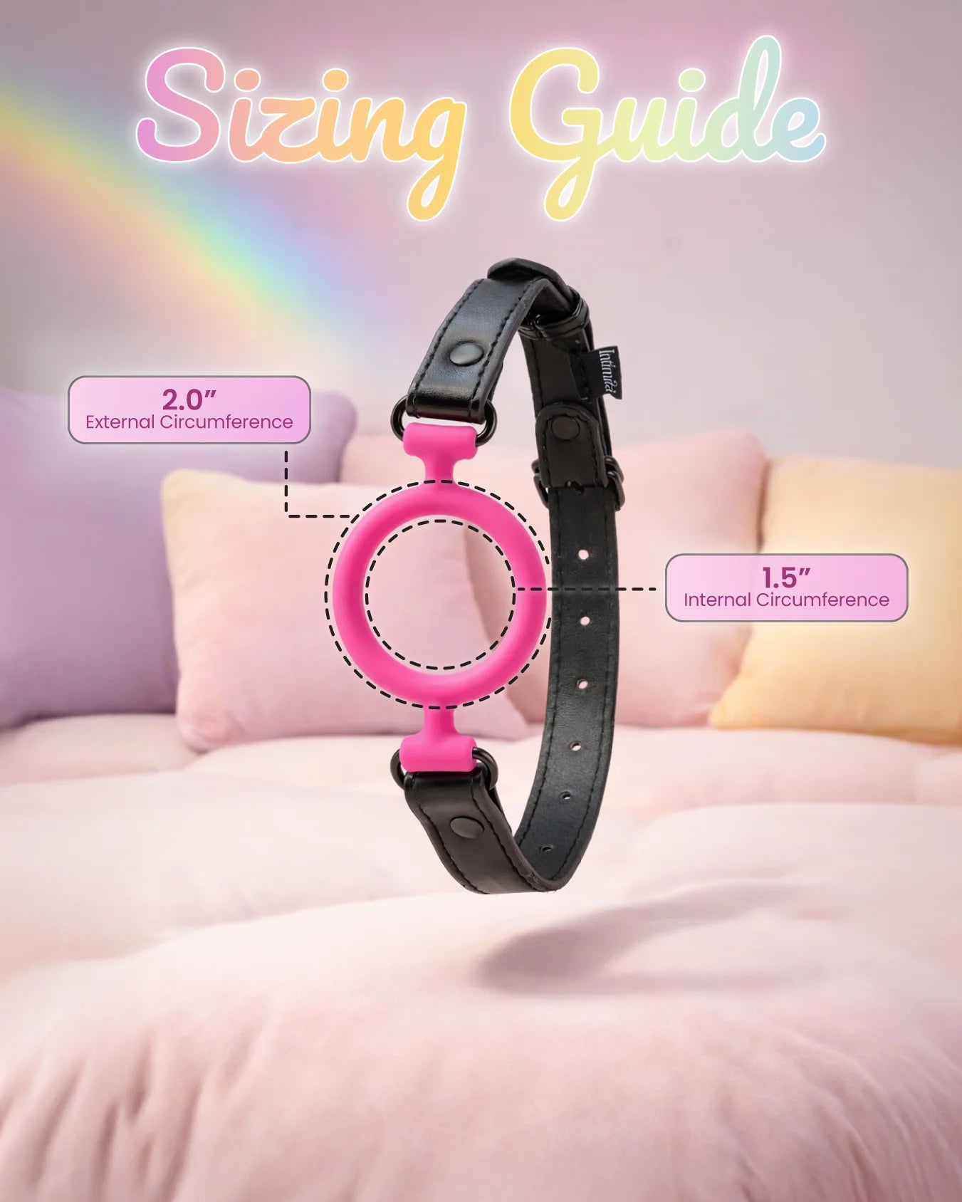 Pink silicone O-ring gag sizing guide showing inner and outer ring dimensions for secure and comfortable mouth restraint