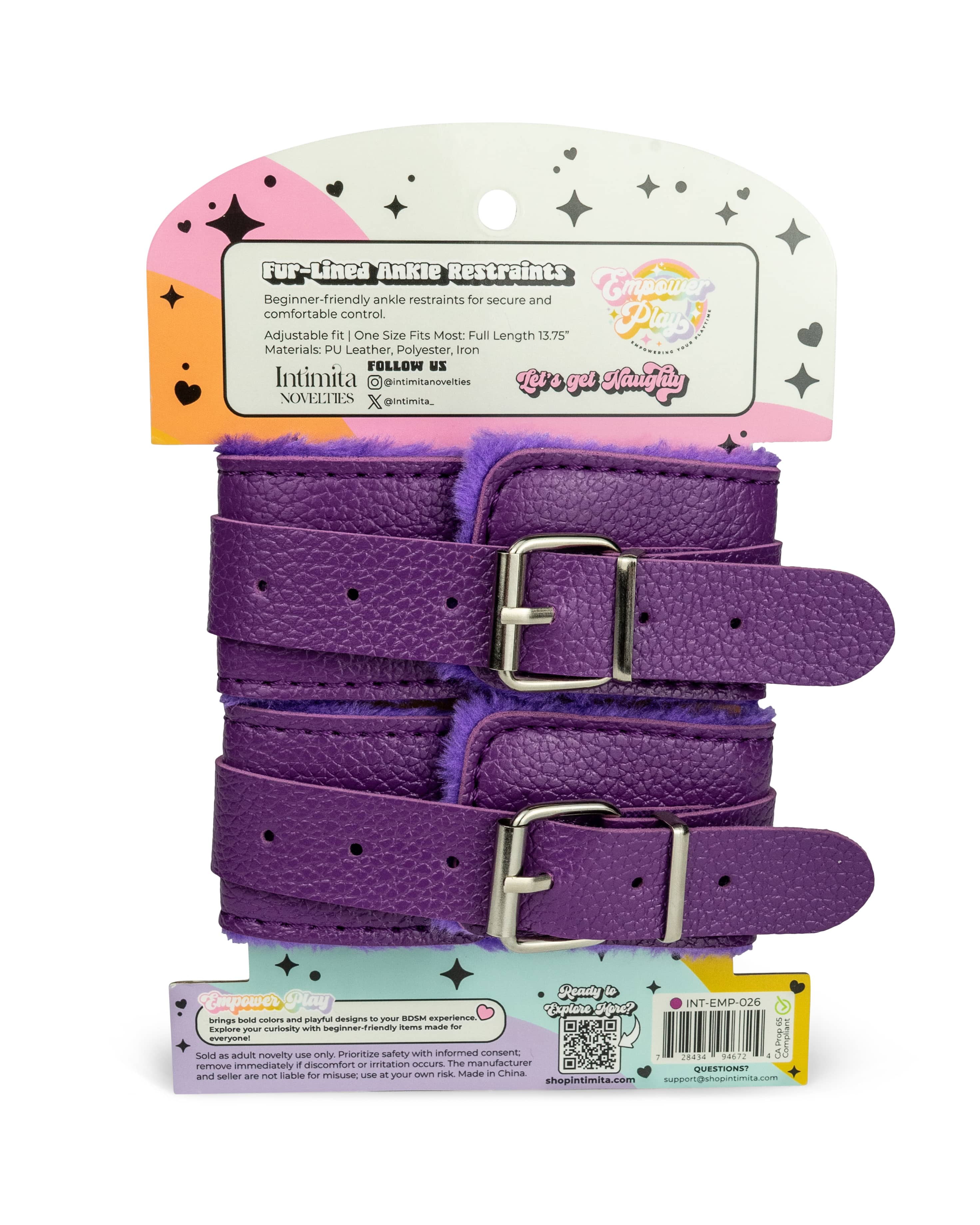 Back of cosmic purple BDSM ankle cuffs packaging showing product details, fit range, and care instructions