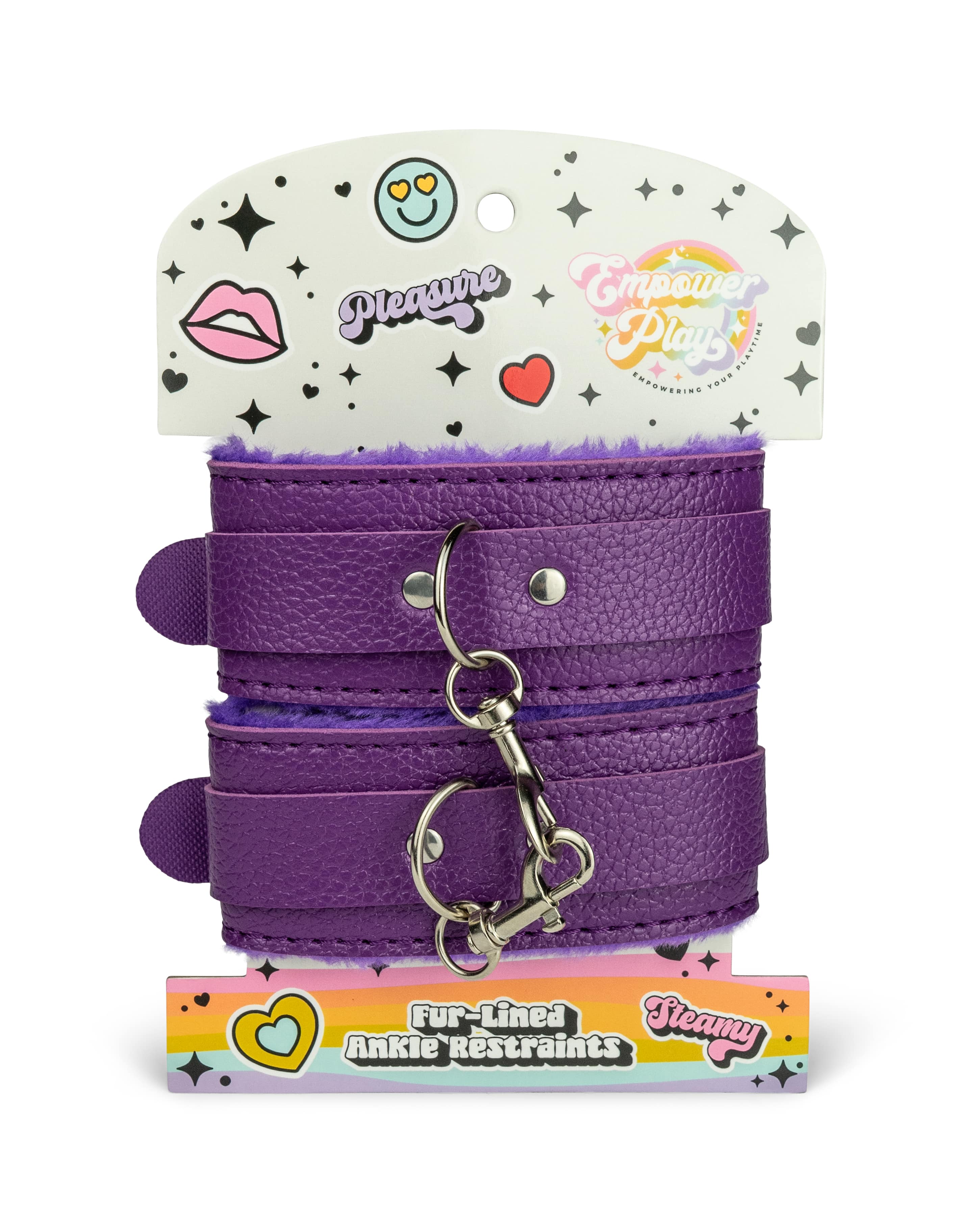 Front of cosmic purple BDSM ankle cuffs packaging featuring fur-lined ankle restraints for bondage play