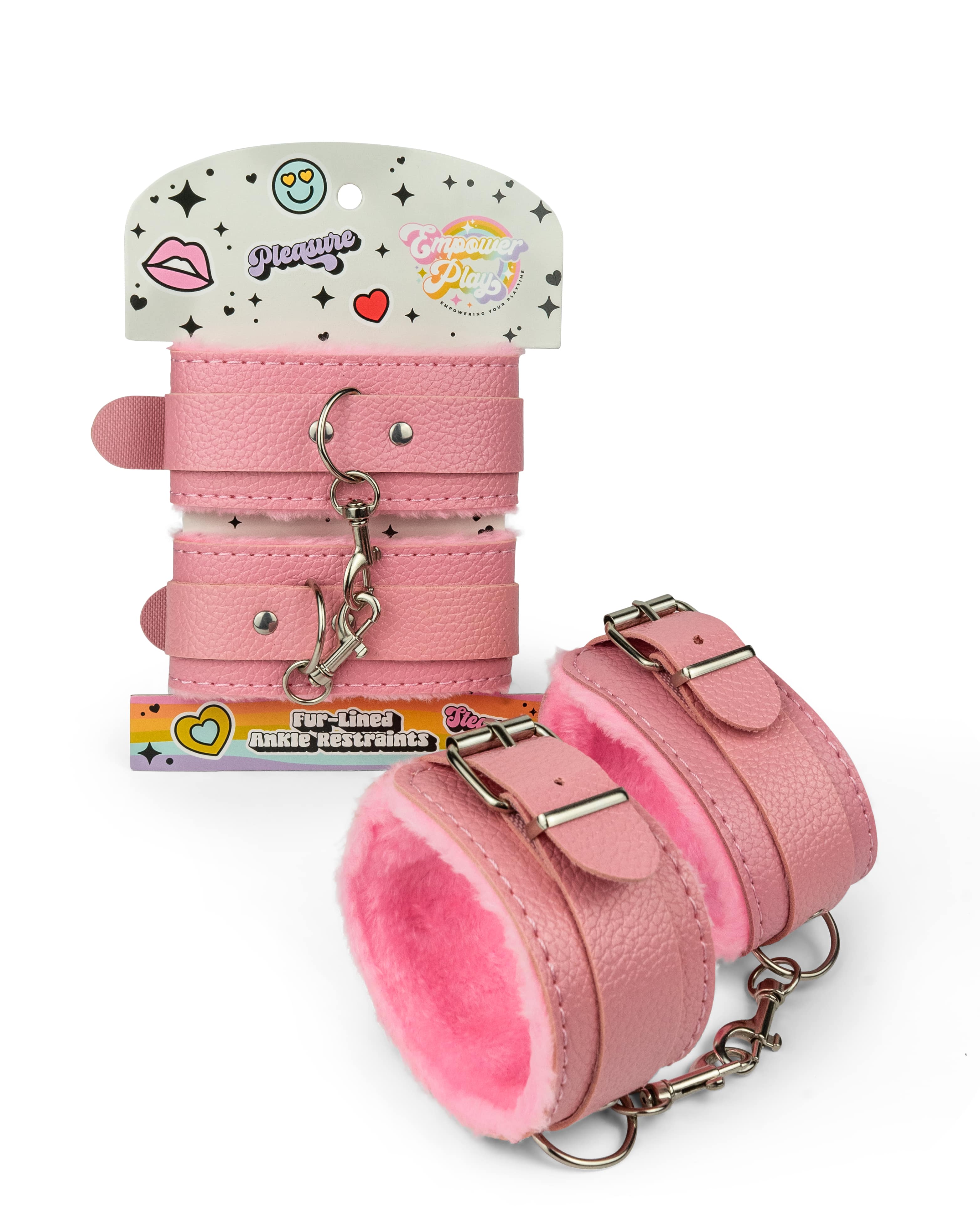 Cupcake pink BDSM ankle cuffs with fur-lined interior shown with retail packaging for beginner bondage play