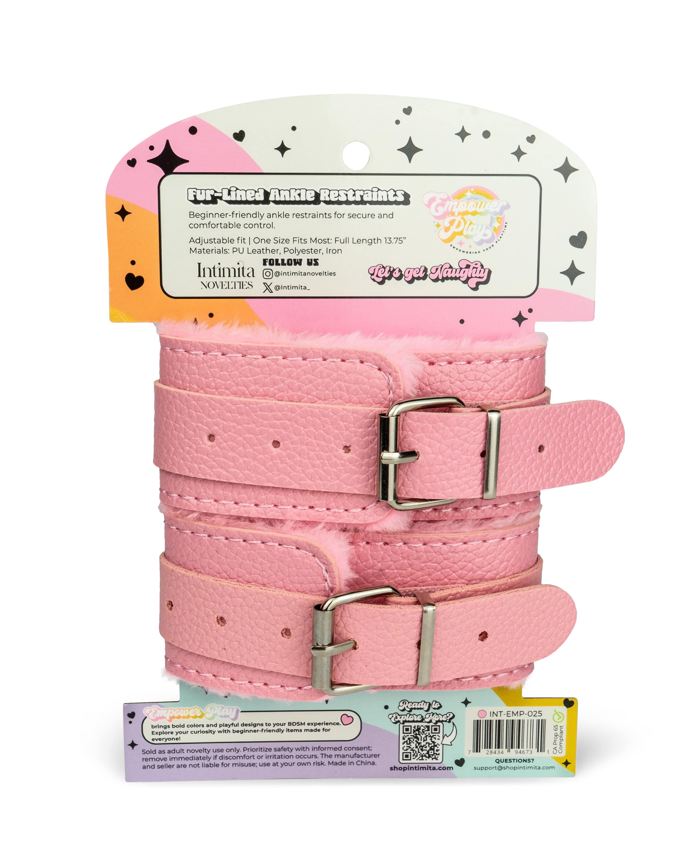 Back of cupcake pink BDSM ankle cuffs packaging with sizing, materials, and care information