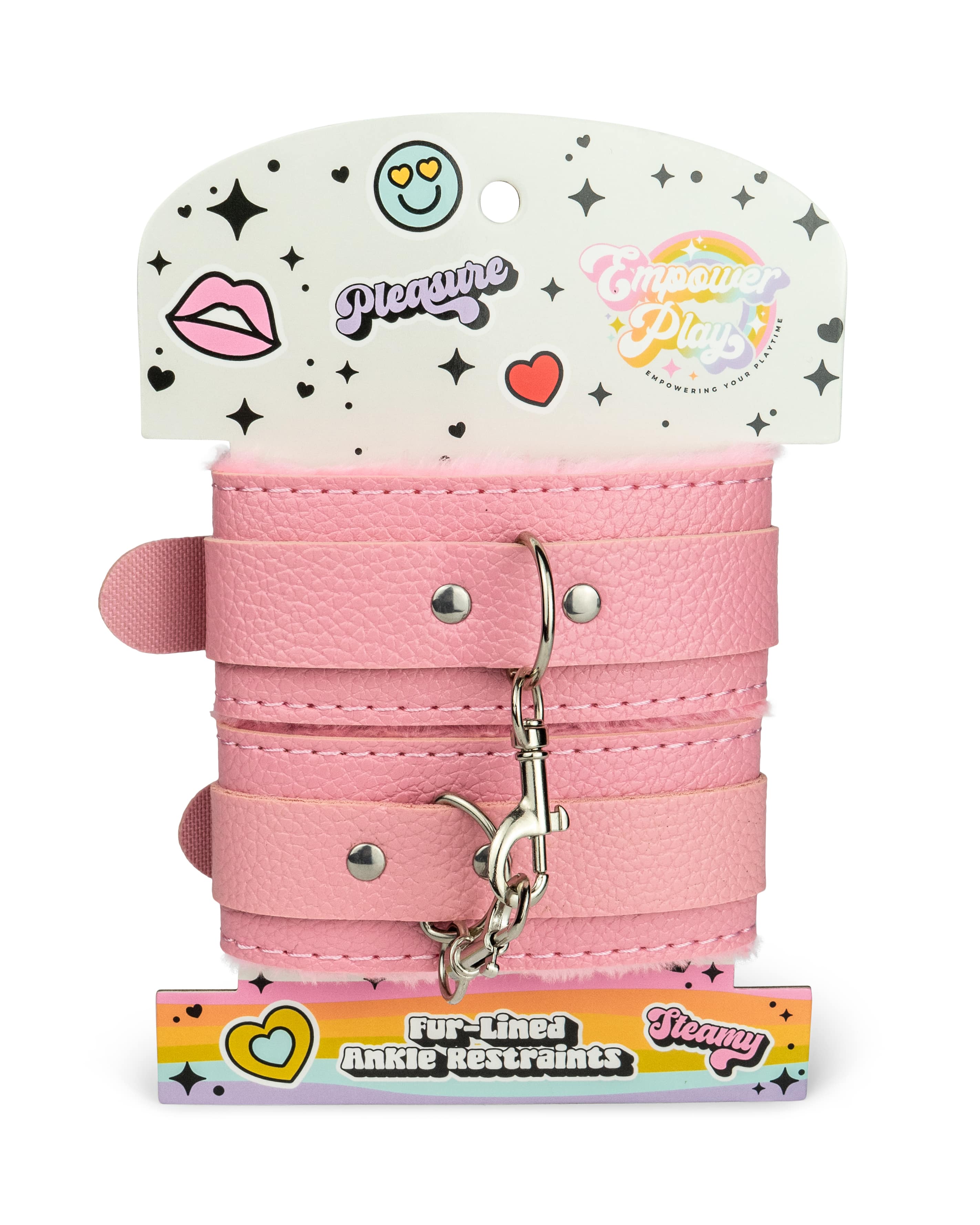 Front view of cupcake pink BDSM ankle cuffs packaging highlighting fur-lined beginner bondage restraints