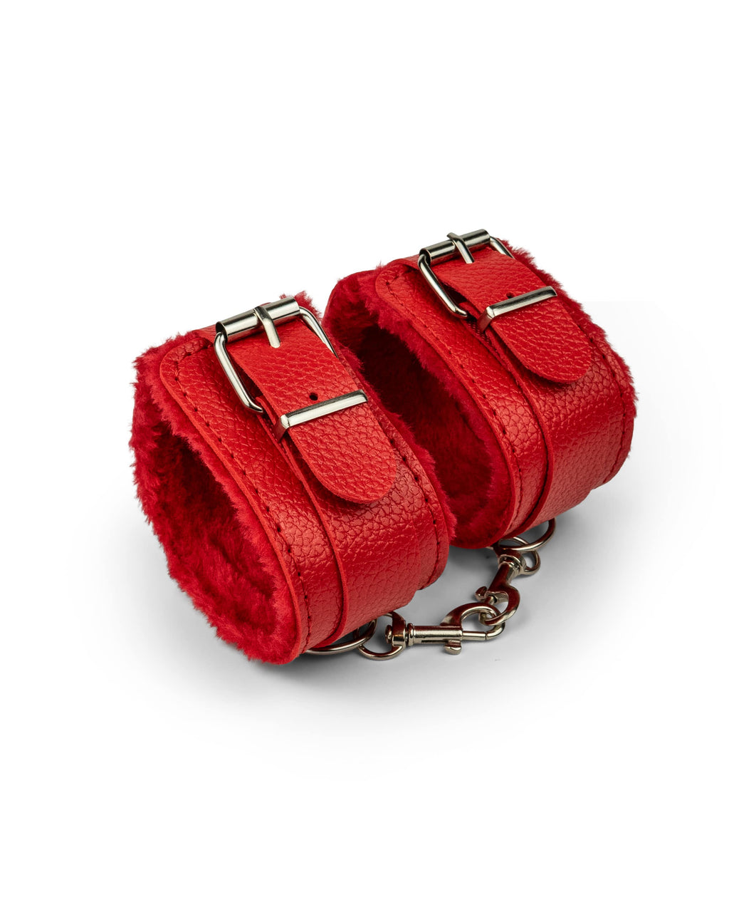 Scarlet red BDSM ankle cuffs featuring adjustable straps and plush interior for comfortable restraint
