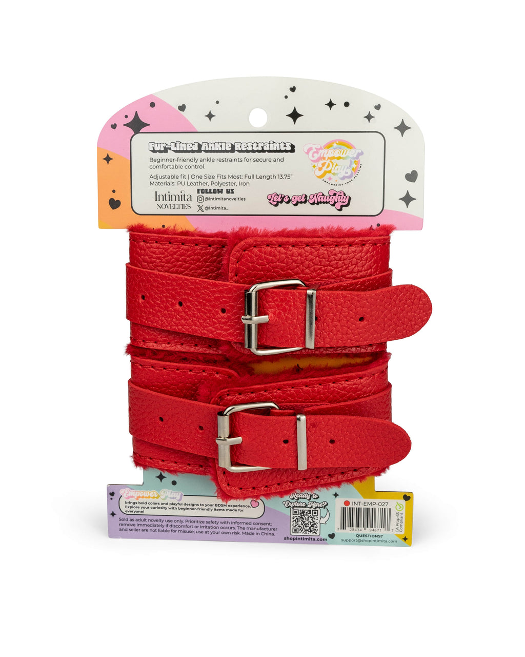 Back of scarlet red BDSM ankle cuffs packaging with materials, sizing, and product care details