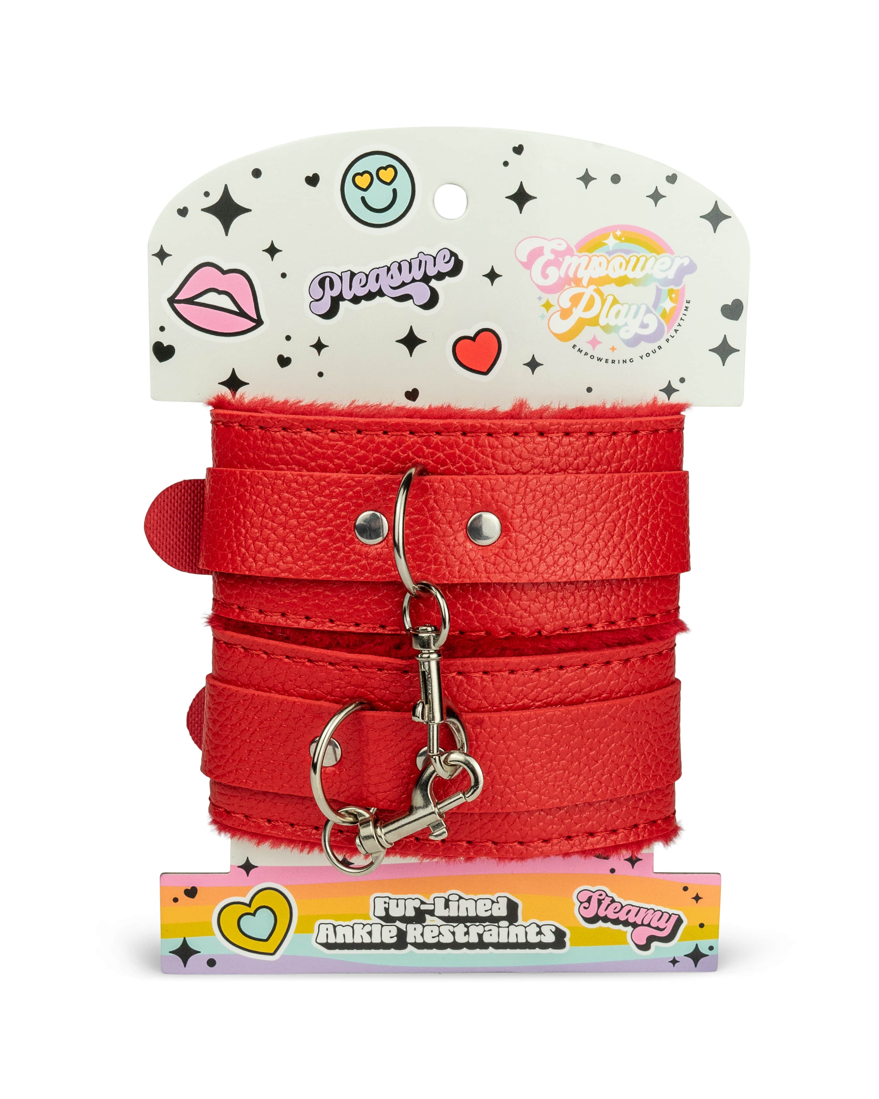 Front view of scarlet red BDSM ankle cuffs packaging highlighting fur-lined ankle restraints