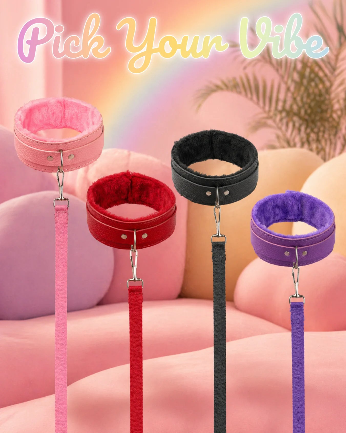 BDSM collar and leash set available in pink, purple, red, and black, soft fur lined collars designed for comfortable restraint and couples play