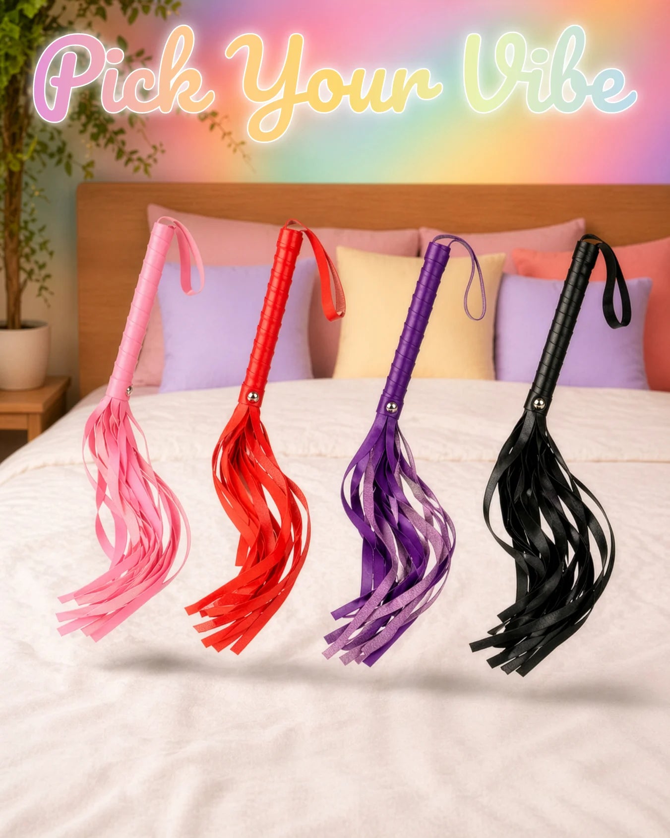 Set of faux leather BDSM floggers in pink red purple and black showing multiple spanking whip options for impact play