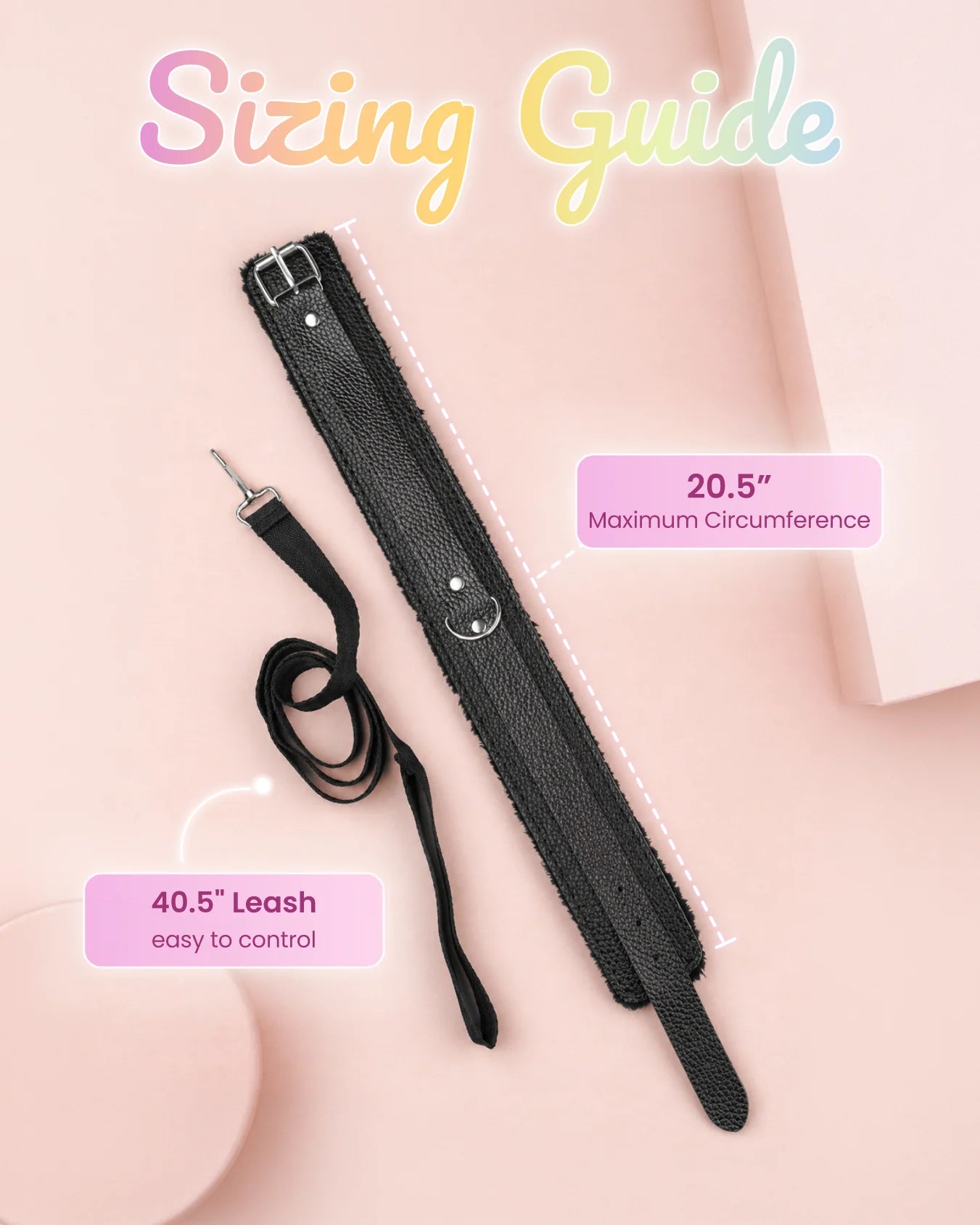 Black BDSM collar and leash sizing guide showing adjustable collar fit and leash length for comfortable wear