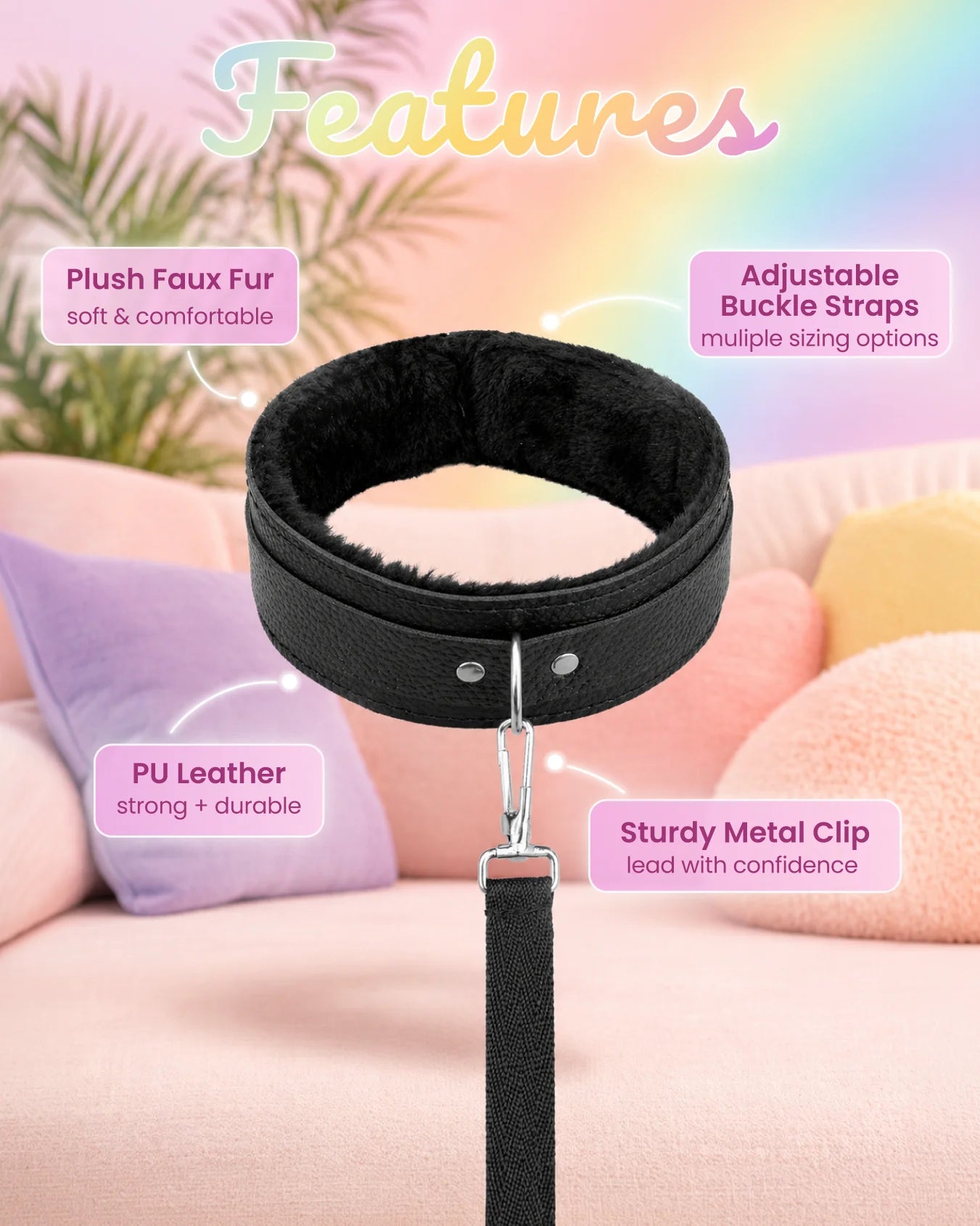 Black BDSM collar and leash showing soft lining, adjustable buckle straps, and strong metal clip for secure restraint