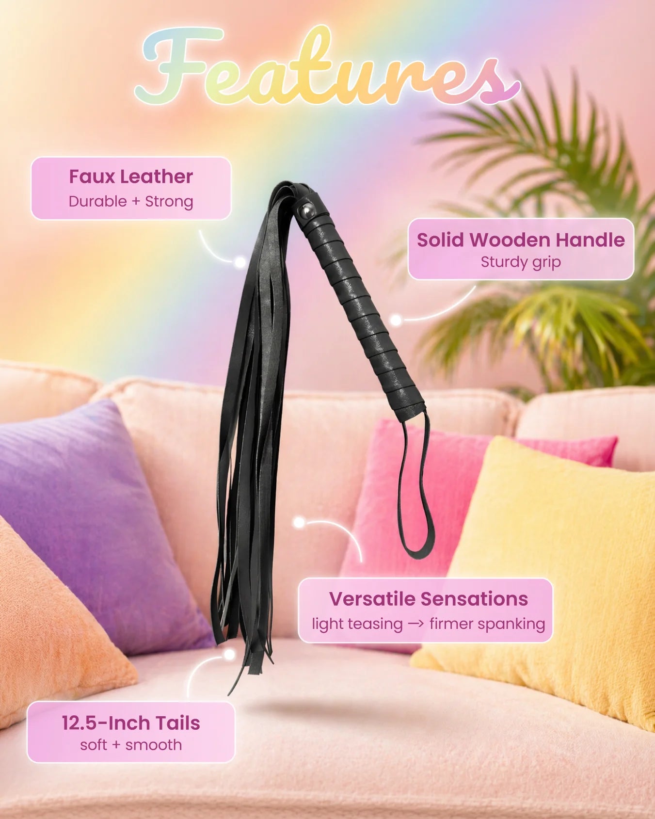 Black faux leather BDSM flogger features including durable handle and responsive tails for impact play
