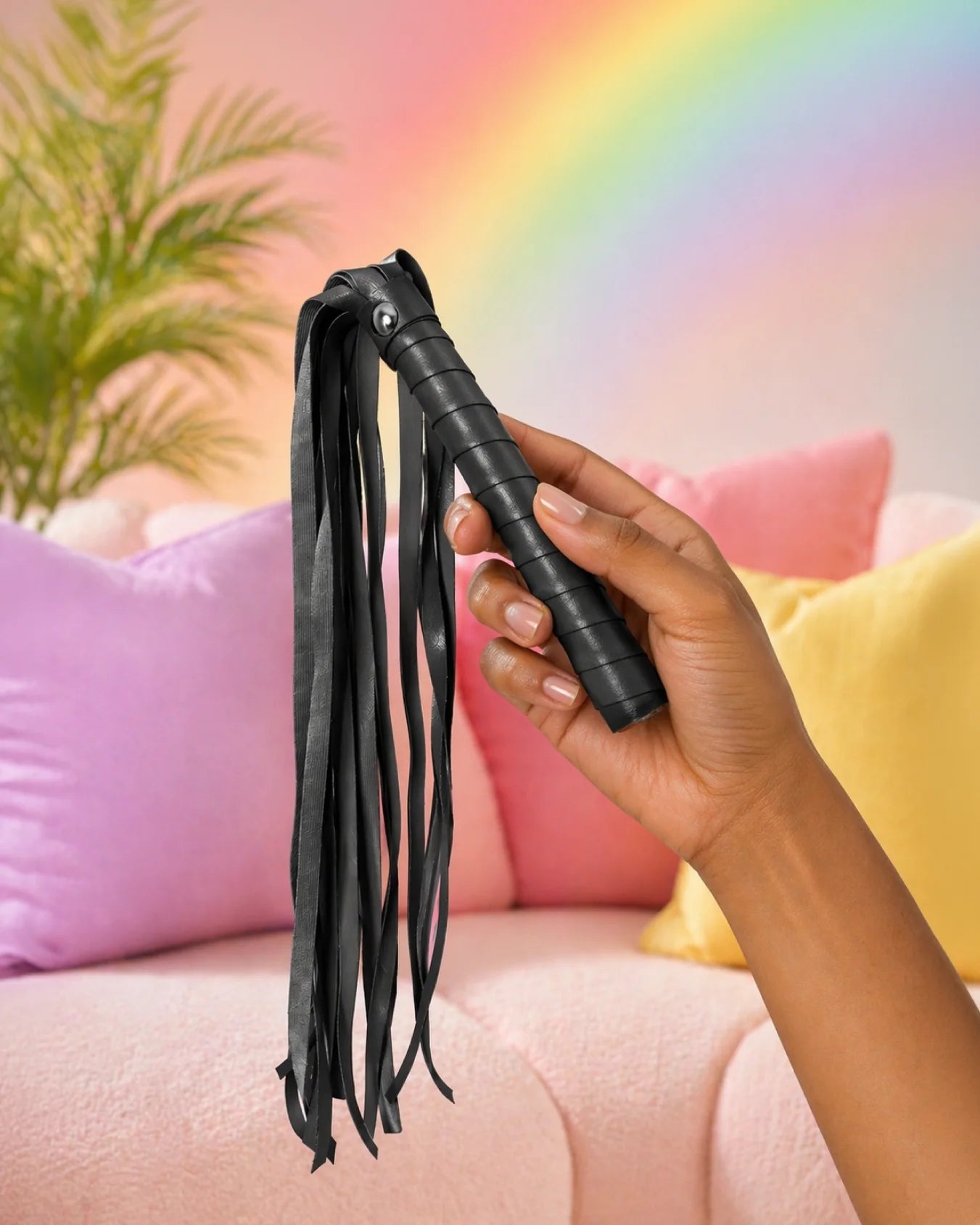 Black faux leather BDSM flogger held in hand highlighting grip control and responsive tails