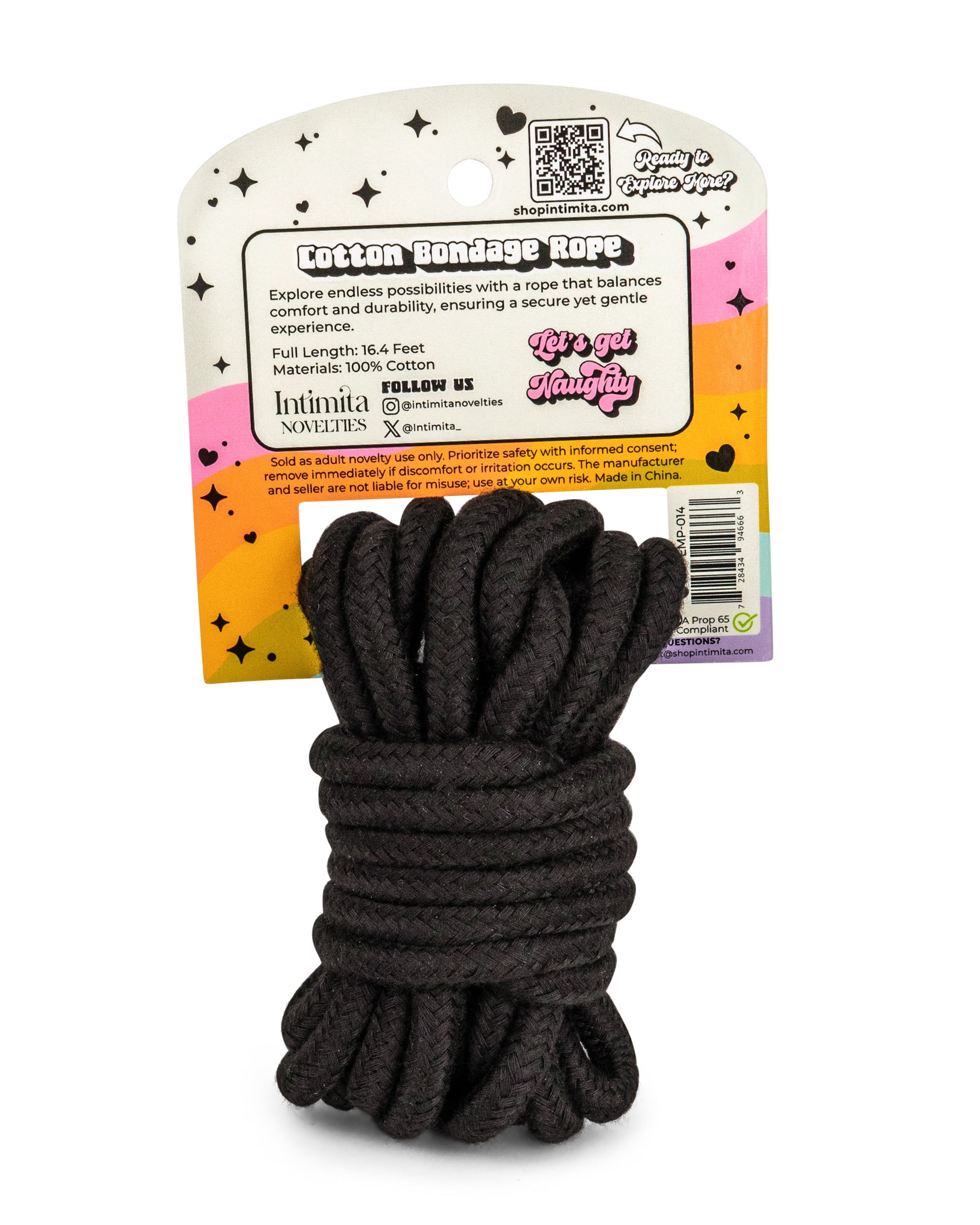 Back of black cotton bondage rope packaging with product details, material information, and usage guidance