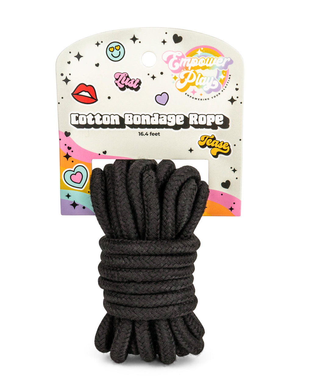 Black cotton bondage rope, 16.4 feet long, soft and durable rope for beginner bondage and restraint, shown in retail packaging