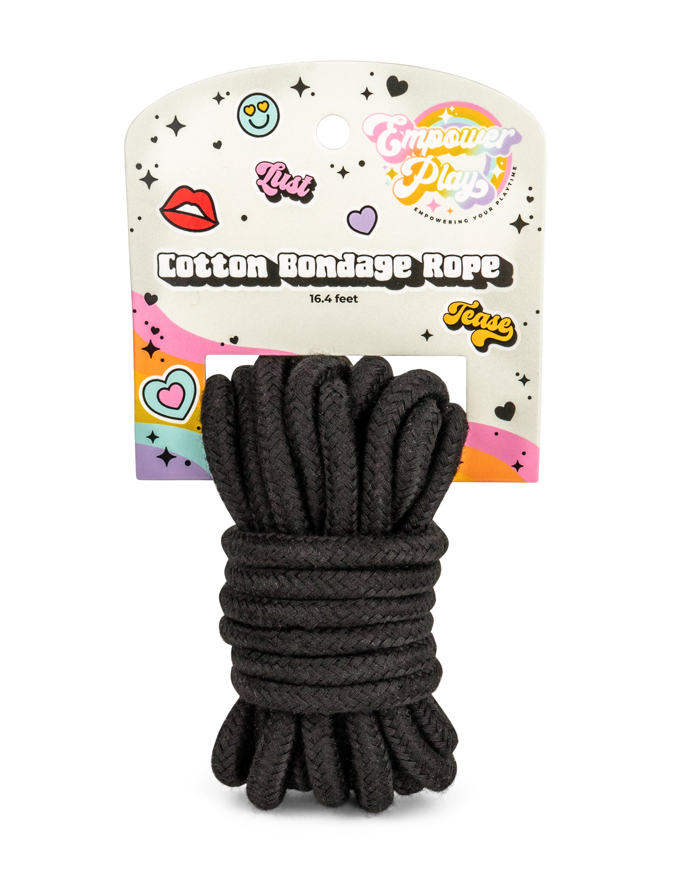 Black cotton bondage rope, 16.4 feet long, soft and durable rope for beginner bondage and restraint, shown in retail packaging