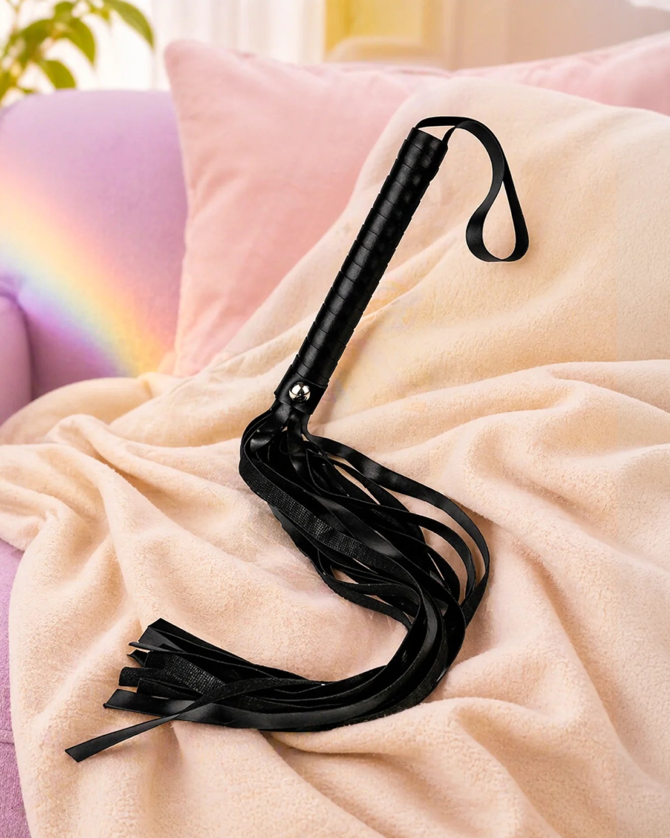 Black faux leather spanking flogger resting on bed showing flexible tails for controlled BDSM play