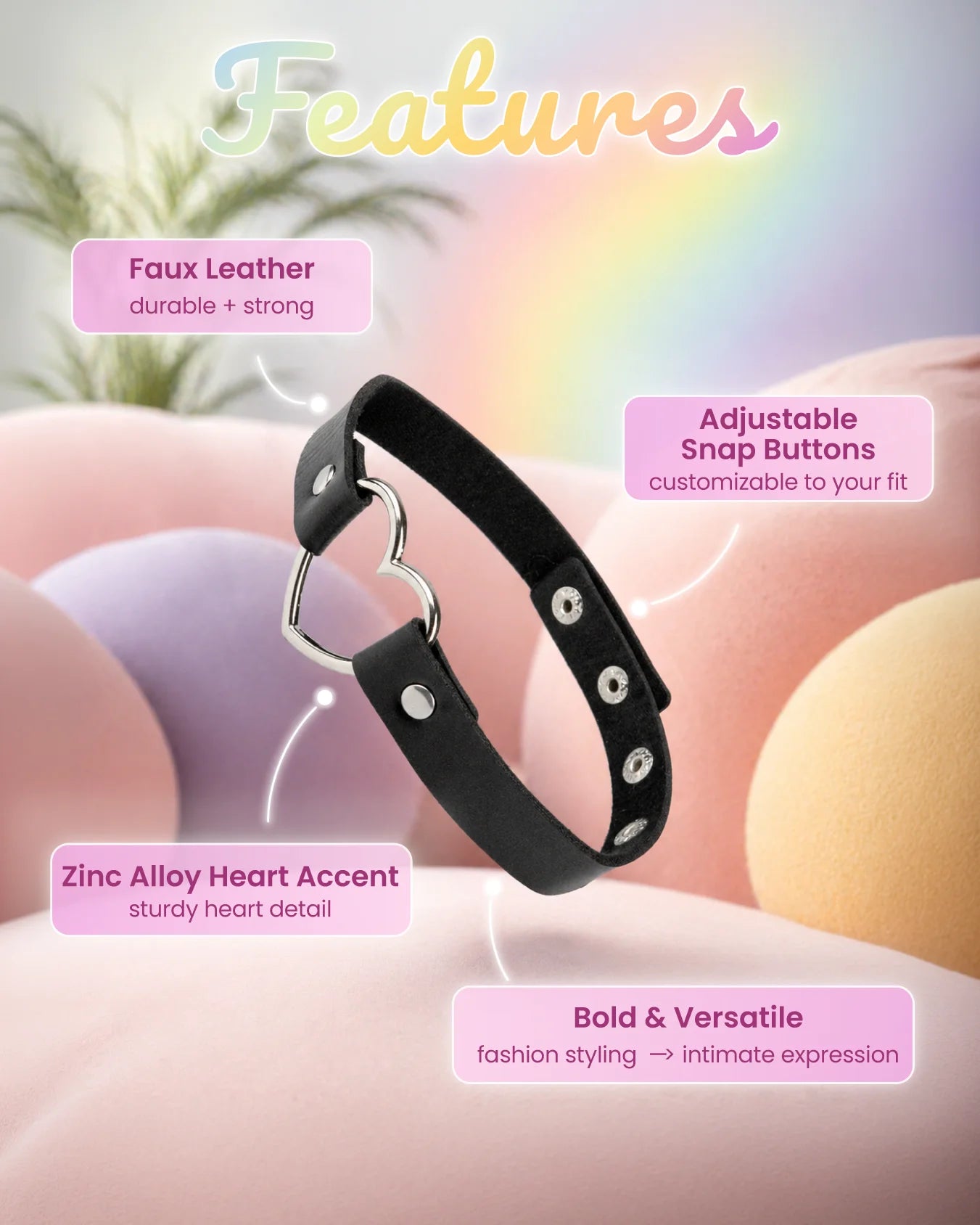 Black faux leather BDSM heart choker showing adjustable snap buttons, durable construction, and metal heart ring detail