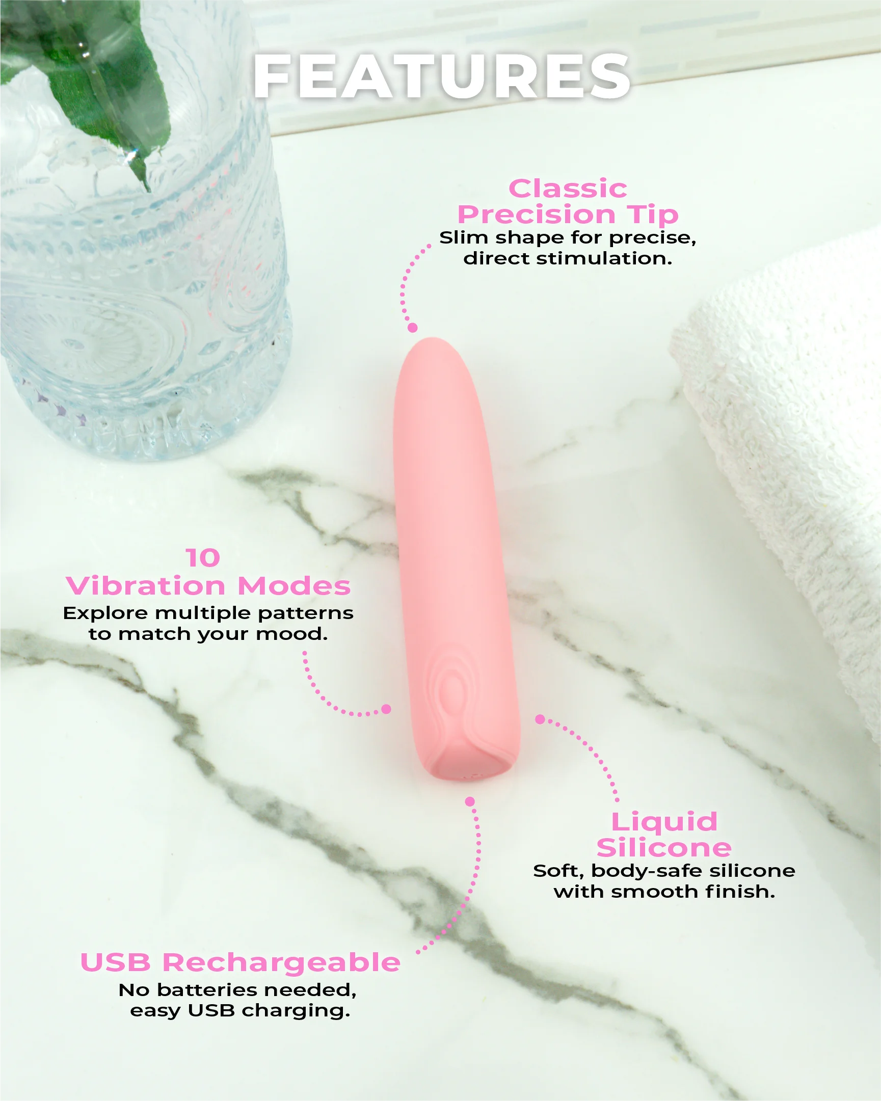 Blush & Bloom Hyacinth pink bullet vibrator features including 10 vibration modes, liquid silicone, and USB rechargeable design
