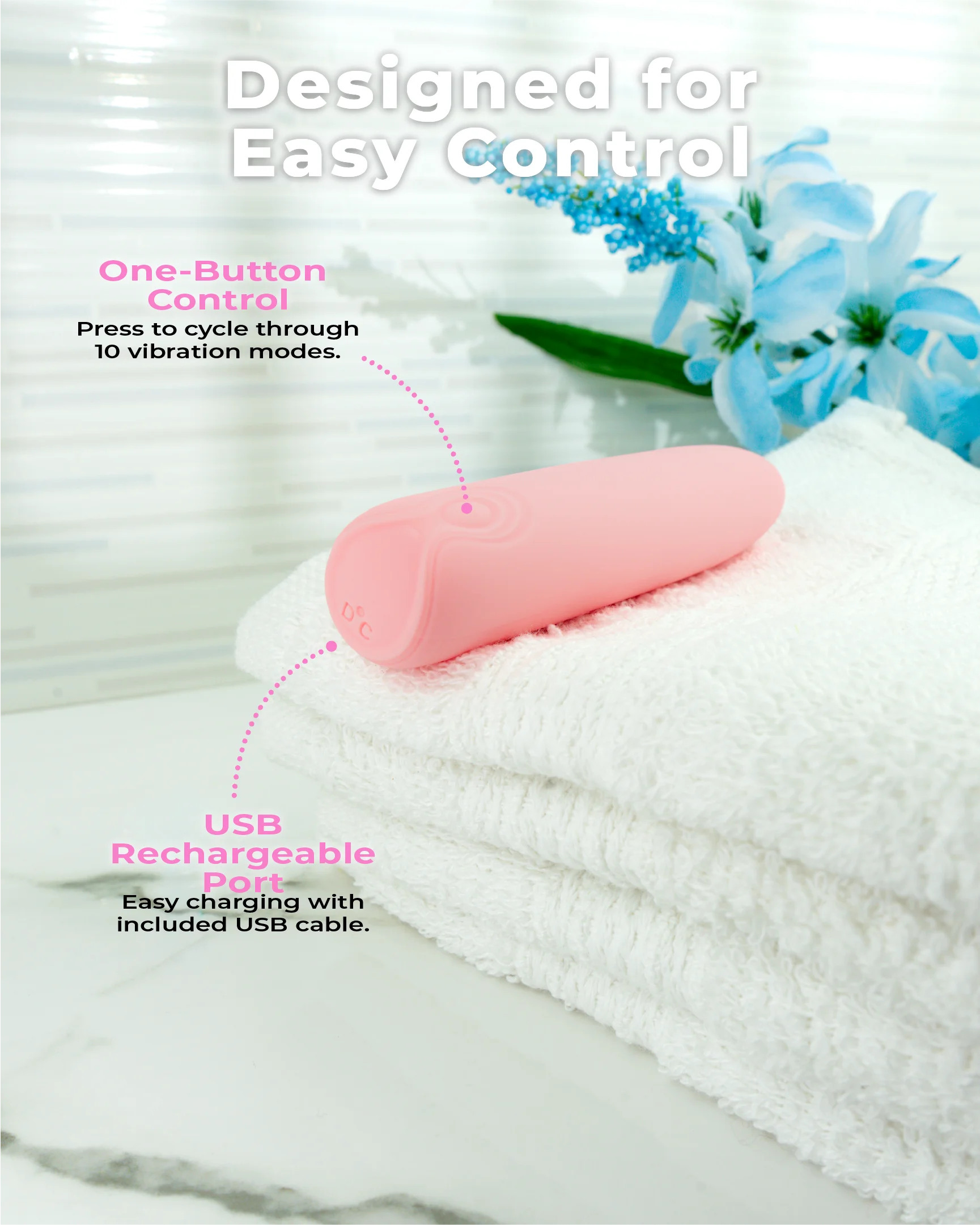 Pastel pink Hyacinth bullet vibrator showing one-button control and USB rechargeable port for simple, discreet operation