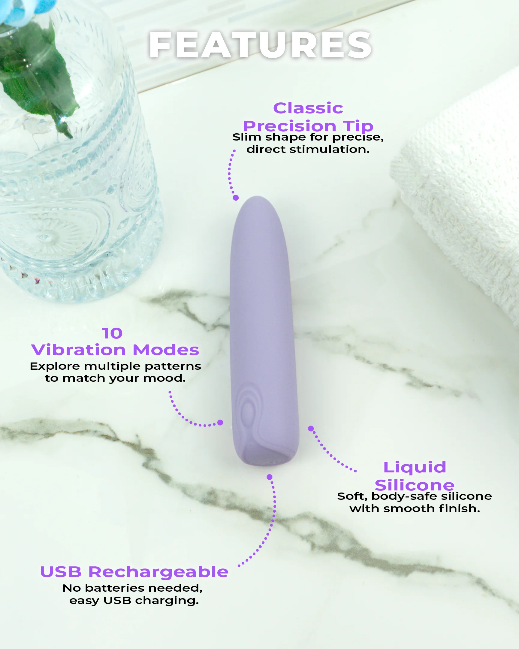 Blush & Bloom Hyacinth purple bullet vibrator features including 10 vibration modes, liquid silicone, and USB rechargeable design