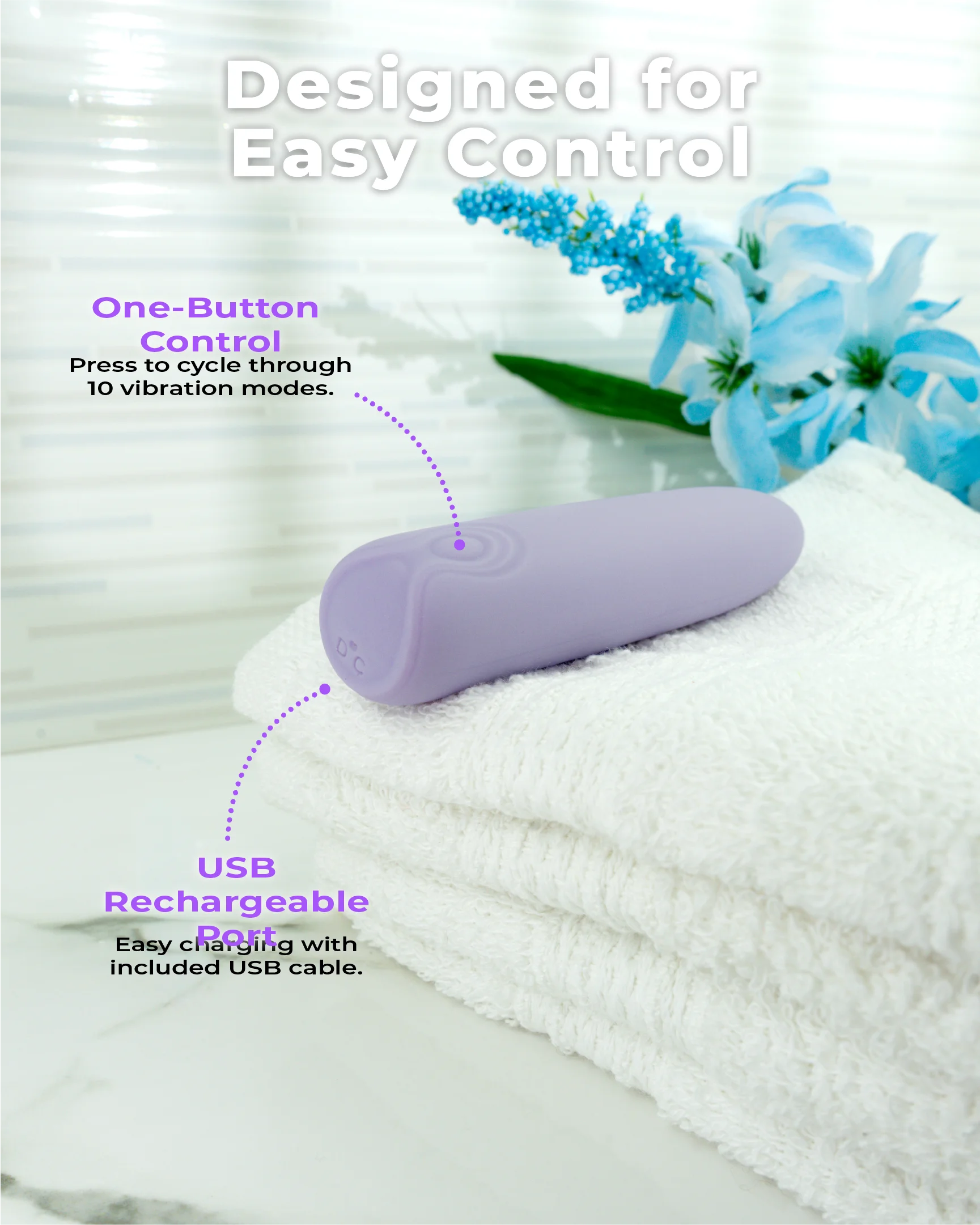 Pastel purple bullet vibrator showing one-button control and USB charging port for simple, quiet, and discreet use