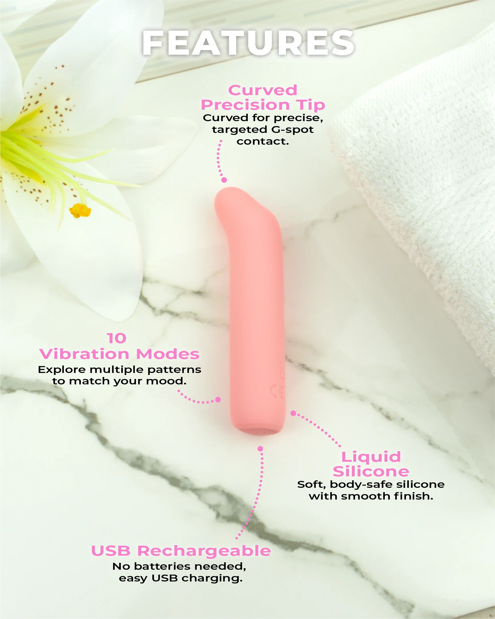 Blush & Bloom Iris mini G-spot vibrator features including curved precision tip, 10 vibration modes, liquid silicone, and USB rechargeable design
