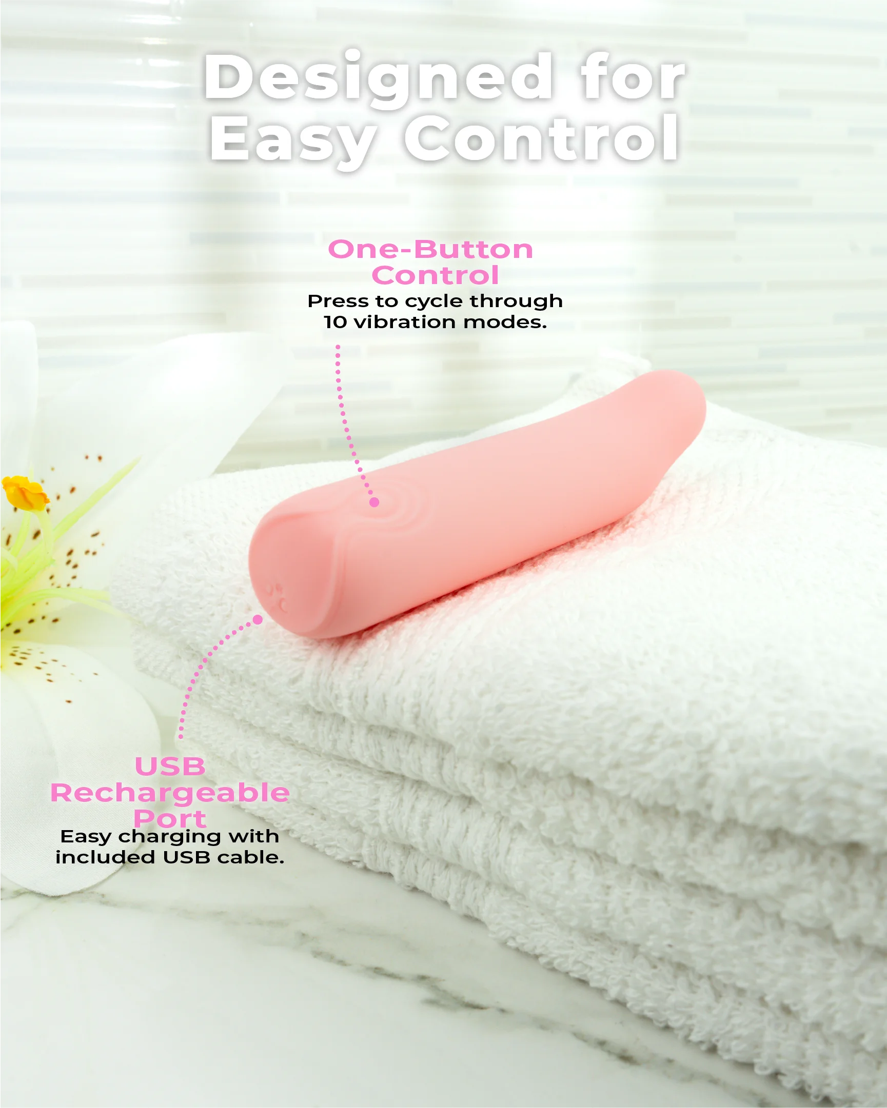 Blush & Bloom Iris mini G-spot vibrator showing one-button control and USB rechargeable port for easy operation and charging