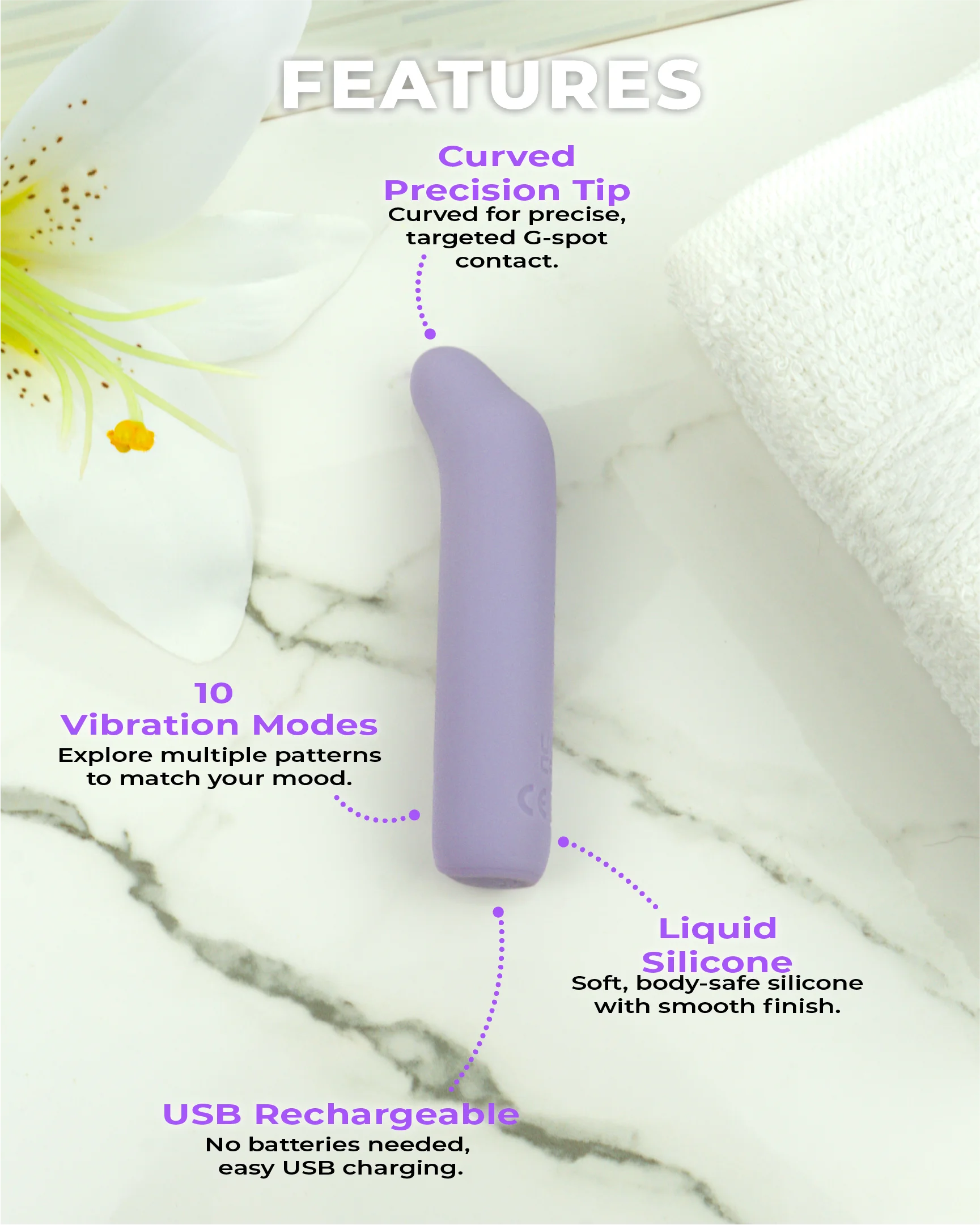 Blush & Bloom Iris pastel purple mini G-spot vibrator features including curved precision tip, 10 vibration modes, and liquid silicone