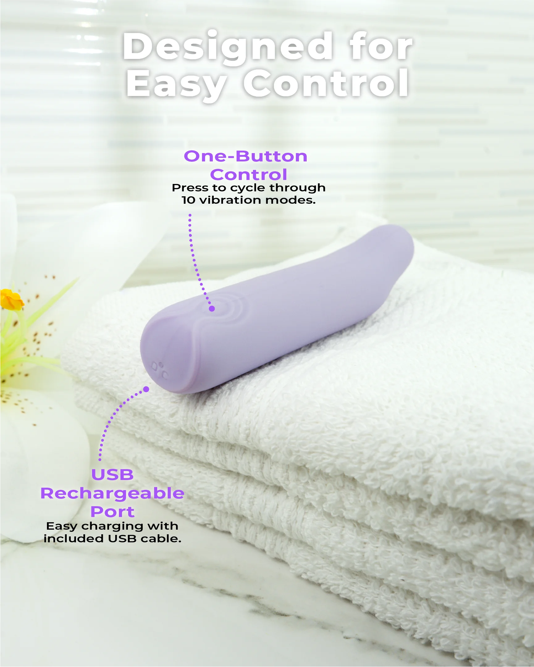 Pastel purple Iris mini G-spot vibrator showing one-button control and USB rechargeable design for easy use