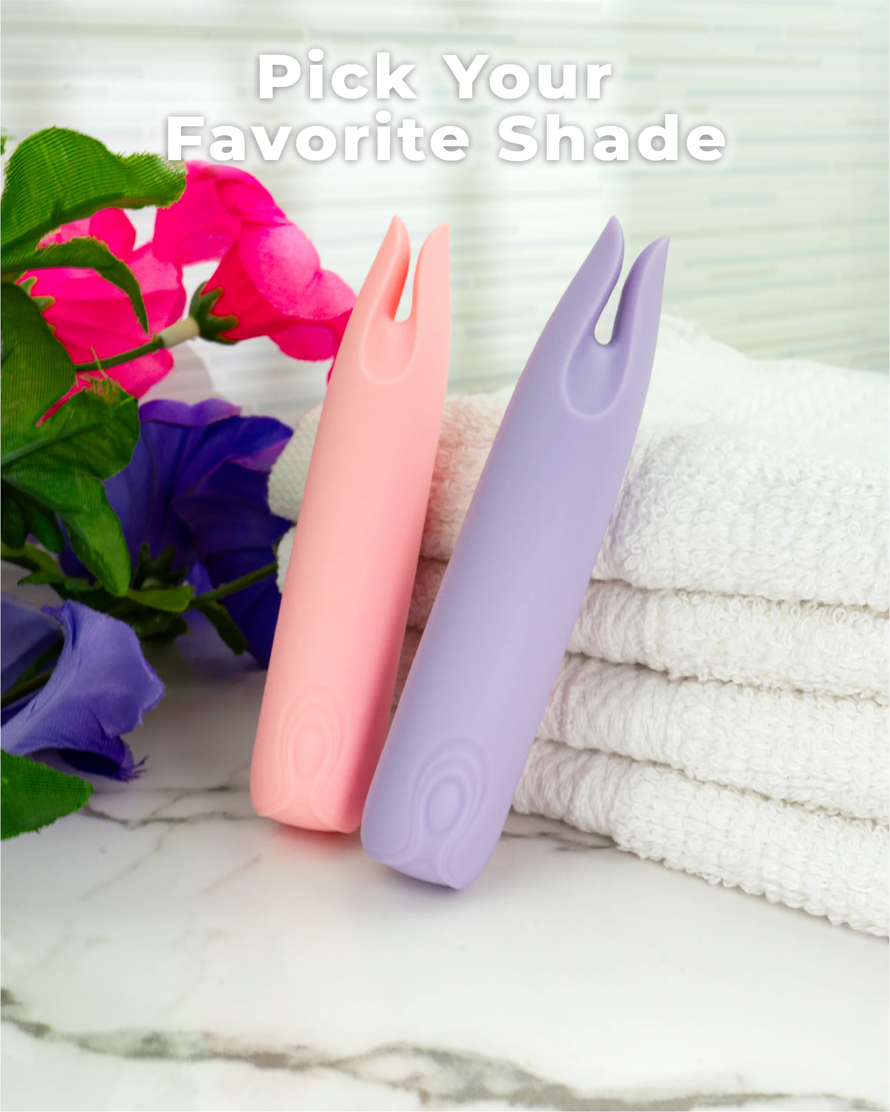 Blush & Bloom Petunia dual-tip clitoral vibrator available in pastel pink and pastel purple color options side by side