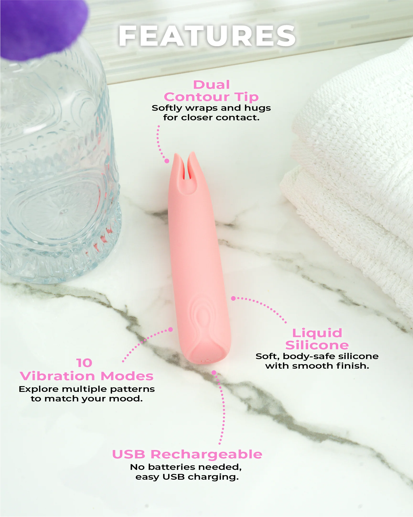 Blush & Bloom Petunia pastel pink dual-tip vibrator infographic showing liquid silicone, 10 vibration modes, and USB charging