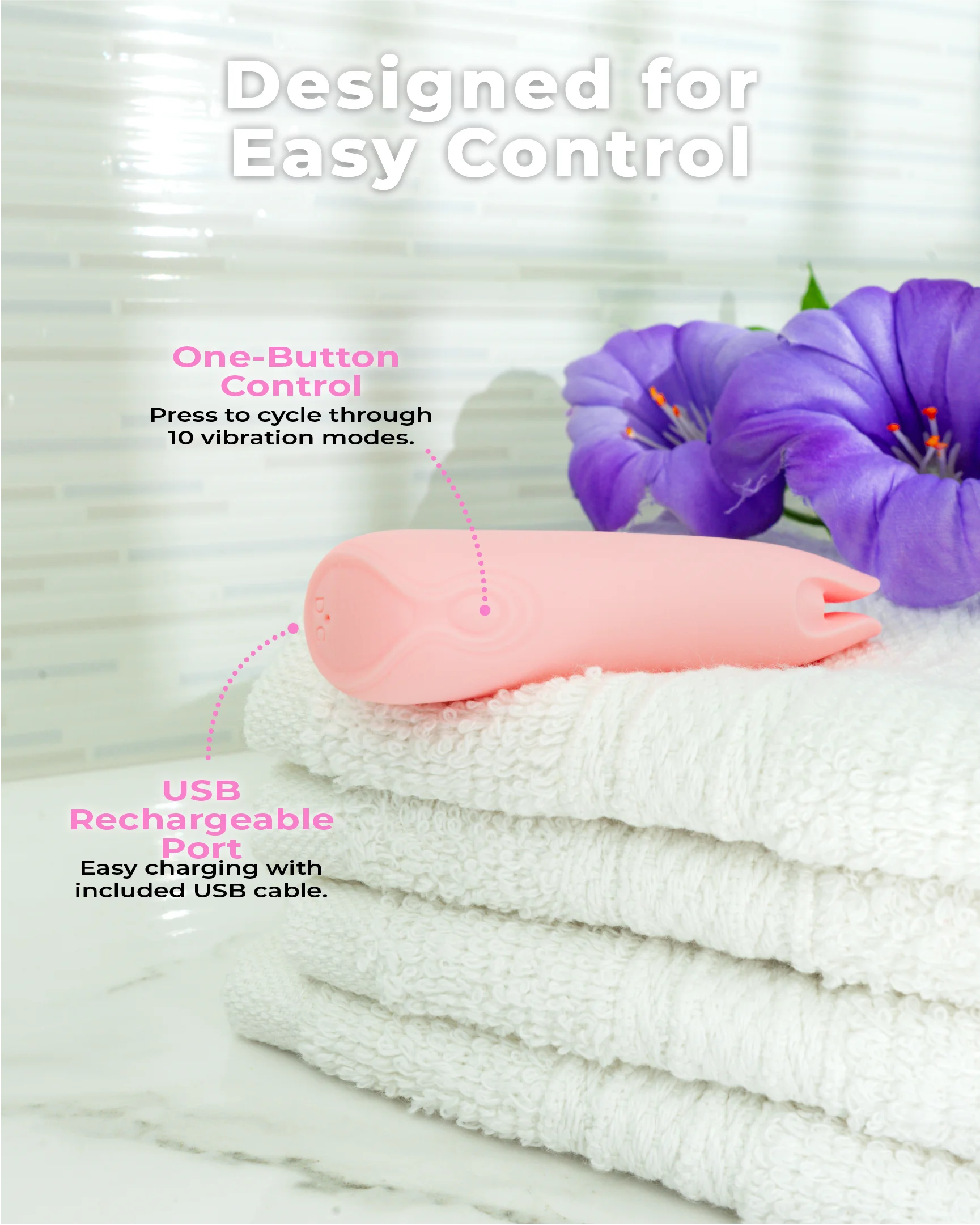 Pastel pink dual-tip vibrator with one-button control and USB rechargeable feature, compact waterproof clitoral vibrator